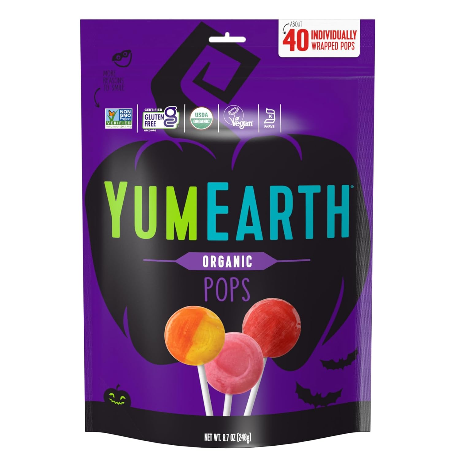 YumEarth Organic Halloween Lollipops - Allergy Friendly (Top 9 Free), No Artificial Dyes or Flavors, Non GMO, Gluten Free, Vegan, Individually Wrapped - Assorted Flavors, 8.7 oz (Pack of 40)
