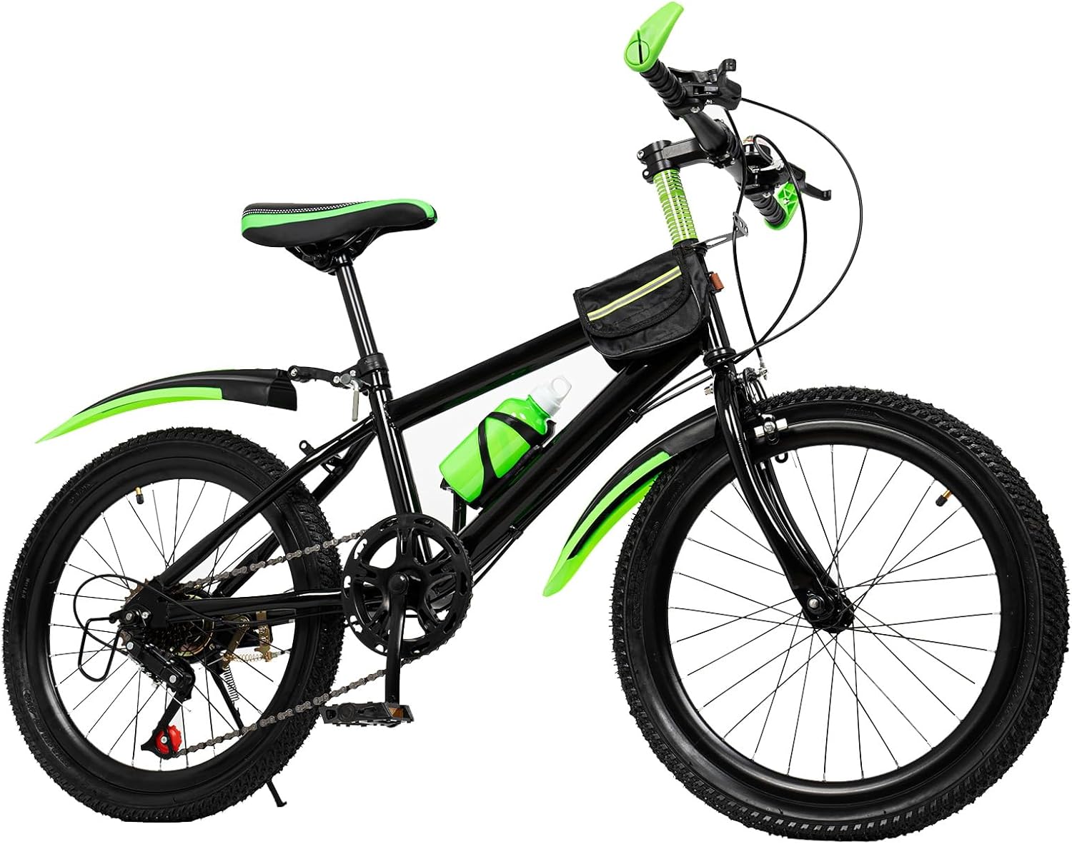 WSIKGHU 20 Inch Mountain Bike 7 Speed Front and Rear Dual Brake Height Adjustable Bicycle with Fenders, Water Bottle and Compass for 130-150CM, Max 85KG (Pre-Assembled 85%)
