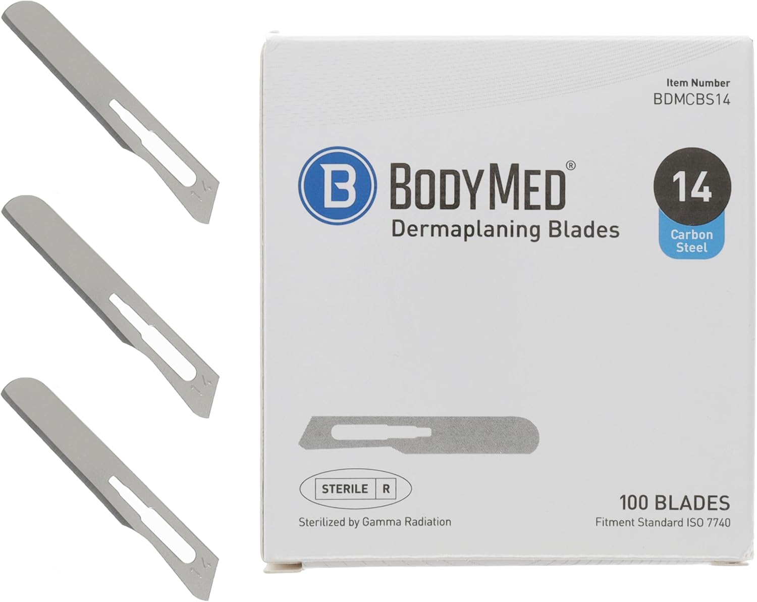 BodyMed Dermaplaning Blades #14 in Carbon Steel, 100 PCS - Disposable, Individually wrapped, Sterile Scalpel Blades for Estheticians, Facial Exfoliation, Hair Removal, Skin Care, Surgical & Podiatry