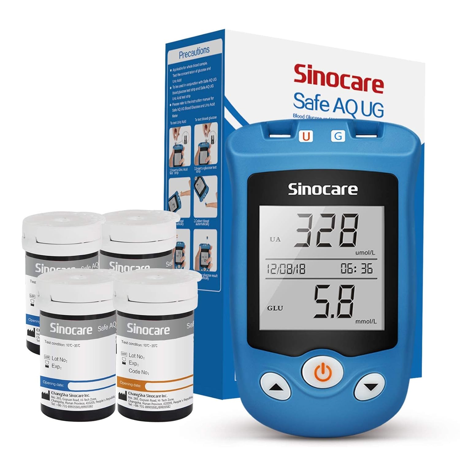 sinocare 2-in-1 Uric Acid & Blood Glucose Test Kit, Safe AQ UG Multifunctional Monitor for Blood Sugar & Gout Test, w/Test Strips x 100 & Lancing Devices x 100, for Diabetics & Gout - in mmol/L