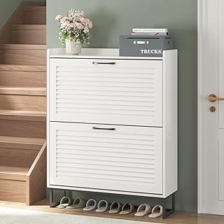 Maupvit Shoe Storage Cabinet with 2 Flip Louvered Doors, Freestanding Organizer with Metal Legs, Shoe Cabinet for Entryway, Narrow Shoe Rack Cabinet, White