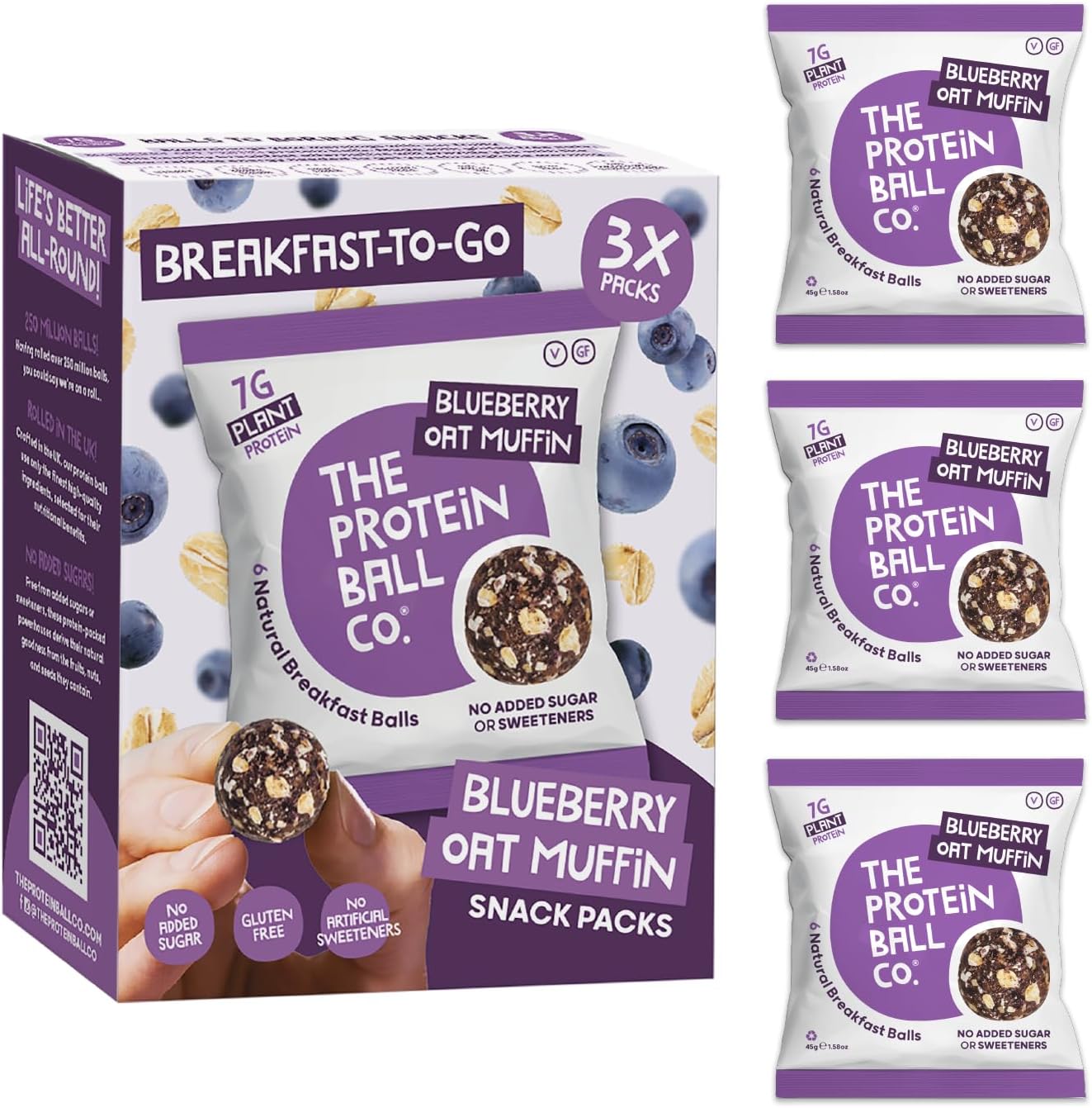 Protein Balls Blueberry Oat Muffin Flavour by The Protein Ball Co- Pack of 18 Breakfast Balls - 100% Natural Plant Based Vitamin Enriched - 3x45g Bags - High Fibre Gluten Free No Artificial Sweeteners
