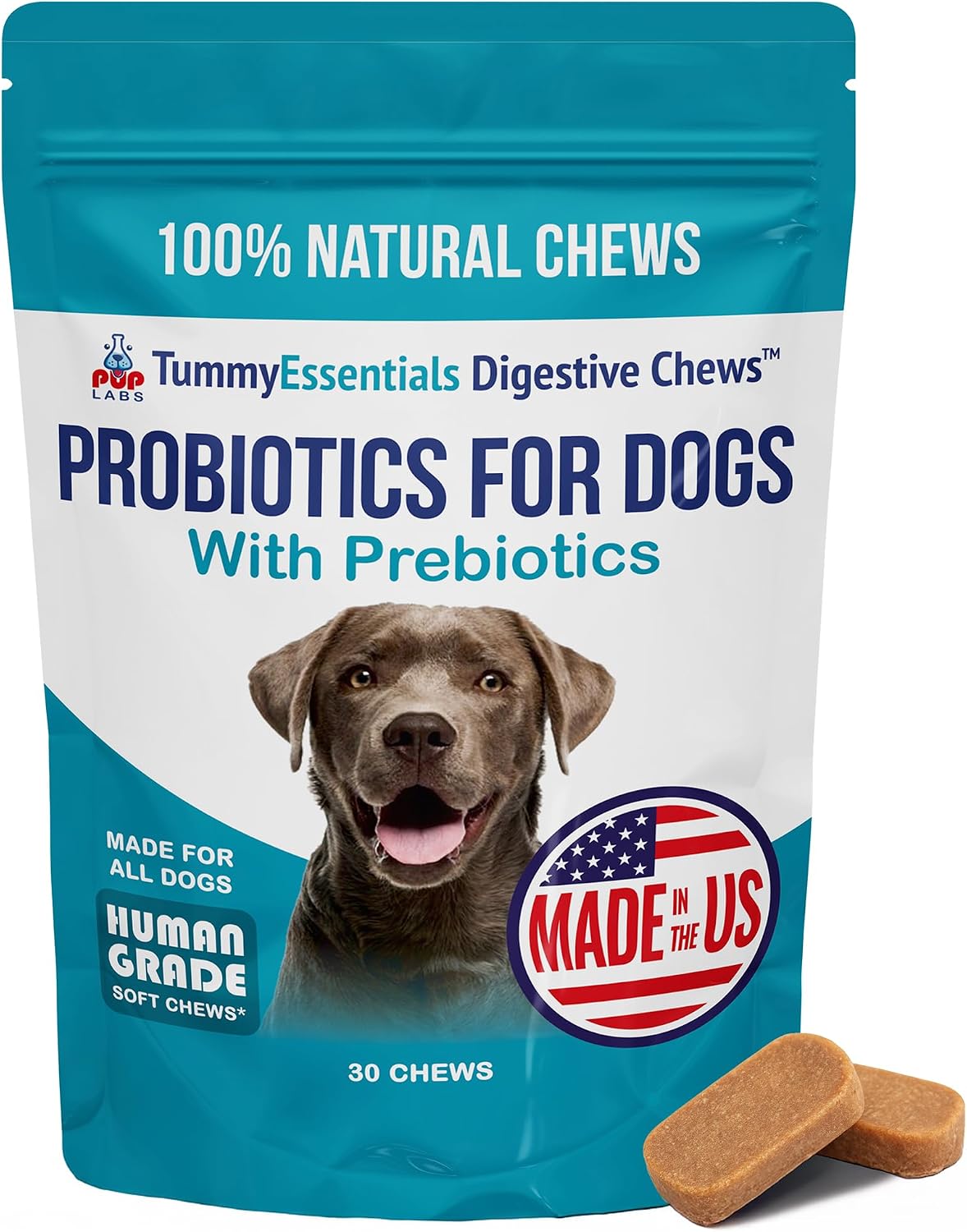 Pup Labs Tummy Essentials Probiotic Chews for Dogs, Supports Gut Health for Dogs and Firm Stools, Helps Eliminate Digestive Dysfunction, Dog Probiotics Made in The USA, 30 Chews