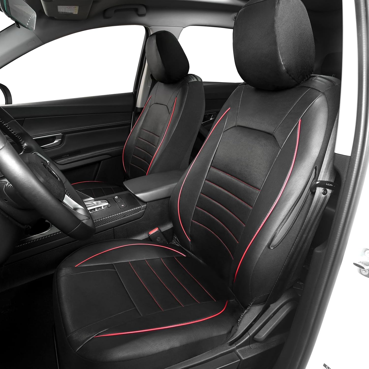 AUTOYOUTH Universal Front Car Seat Covers, Waterproof PU Leather, Red/Black, Airbag Compatible, Pair, for SUV, Van, Saloon