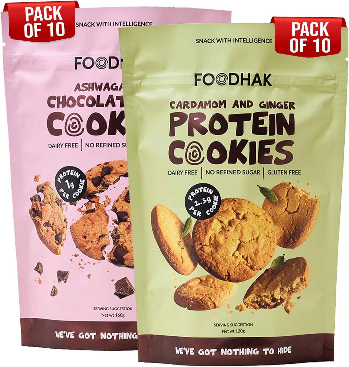 FOODHAK Vegan Cookies Pack of 20 – Ginger Cardamom (10 x 120g) & Ashwagandha Chocolate Chip (10 x 160g), Gluten & Dairy Free, Millet Flour, Coconut Oil, Chia Seeds, Maple Syrup & Coconut Sugar.