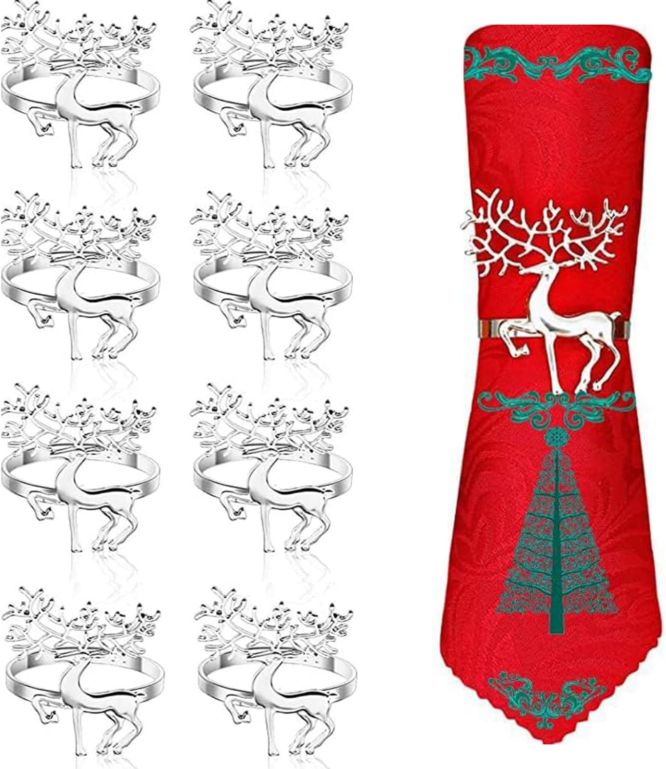 10 Pcs Christmas Napkin Rings Holders for Christmas Dinners Parties, Wedding Adornment, Thanksgiving and Home Kitchen Dining,Table Decoration Accessories，Sliver