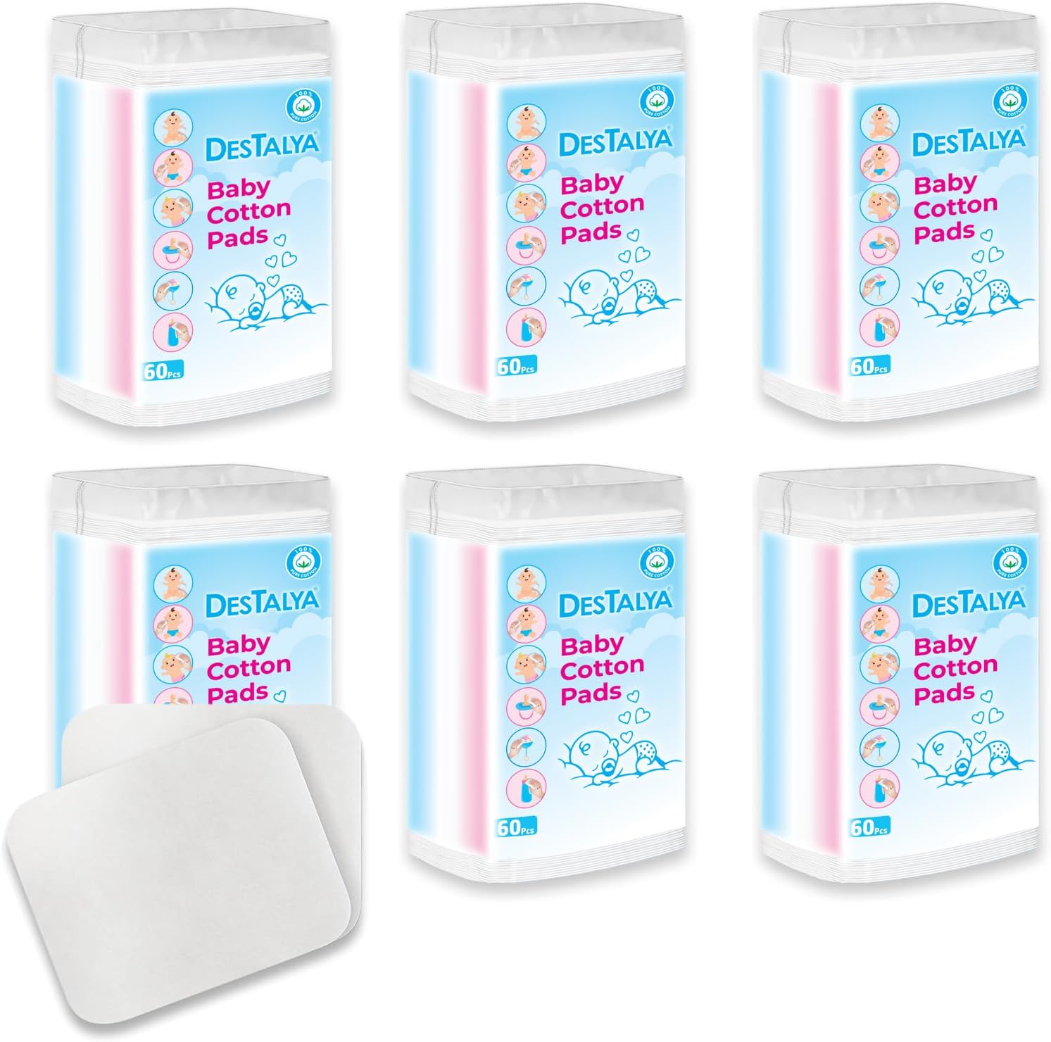 DESTALYA Baby Cotton Pads for Diaper Change | Large Cotton Squares | Cleansing Wipes | Soft Washcloths for Personal Care | Cotton Pads for Makeup Removal | Facial Cotton Pads (Maxi Pads 360)