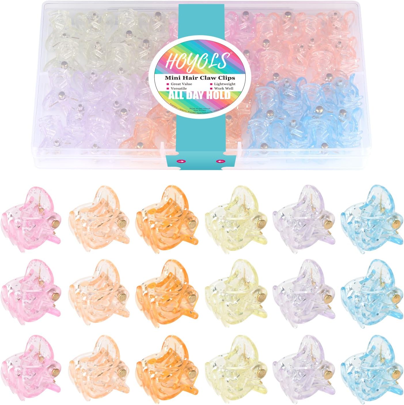 Hoyols Mini Small Hair Clip, Sparkle Clamp Tiny Colorful Claw Clip Jaw Cute Grip for Kids Baby Girls Toddler Women Curly Hair Accessories Mix Assorted Color 48 Pcs (Sparkle Candy)