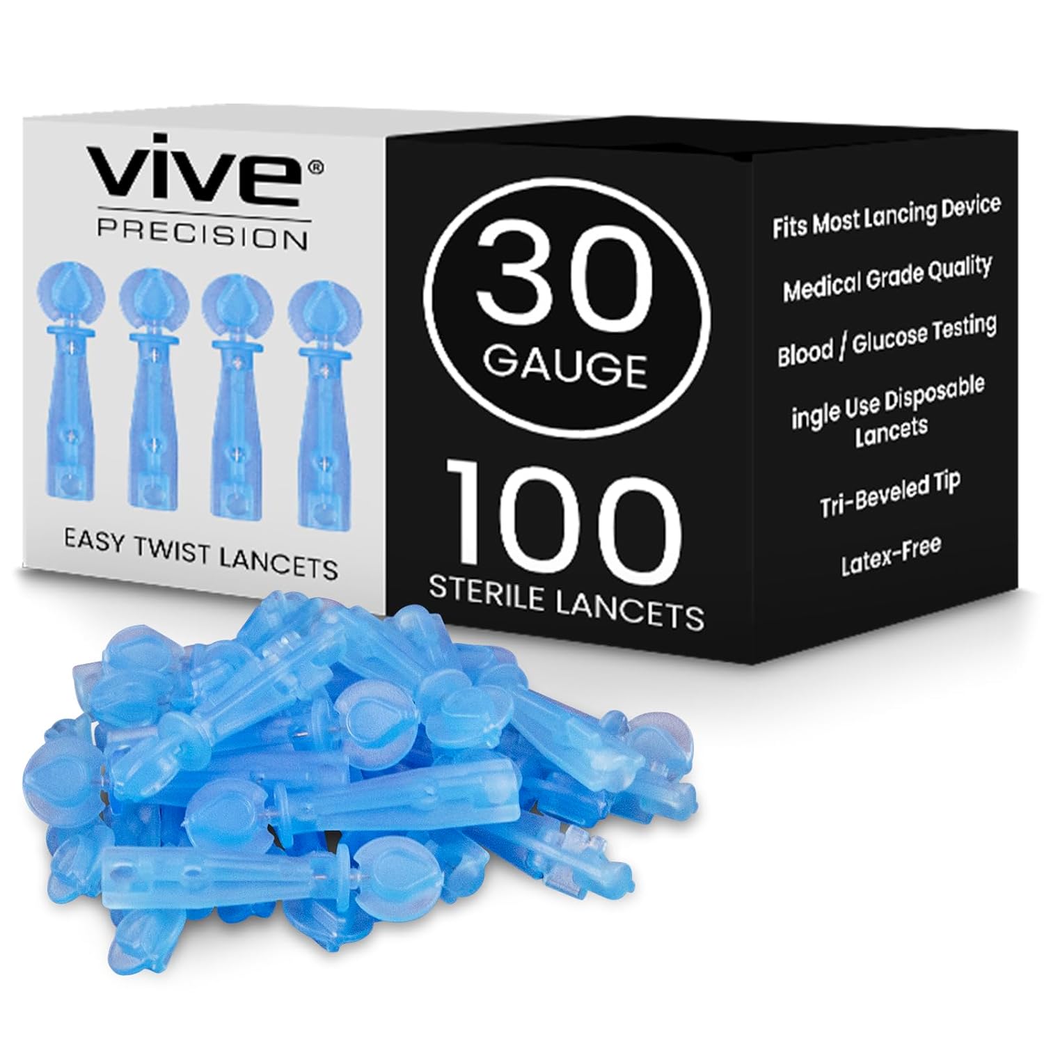 Vive Easy-Twist Lancets for Diabetes Blood Sugar Extraction Testing, - 30 Gauge Single Use Disposable Finger Pricker Needle Pen for Glucose Monitoring Devices - Diabetic Medical Safety (100 Easy-Twist Lancets)