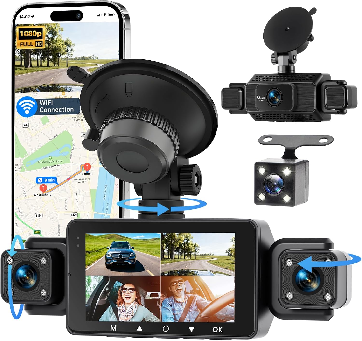 Hodozzy 4 Channel Dash Cam 360° View Front and Inside Rear, 3 Inch 1080P Full HD Dash Camera for Car with 5G WiFi & App, Night Vision, Parking Mode, G-Sensor, Loop Recording