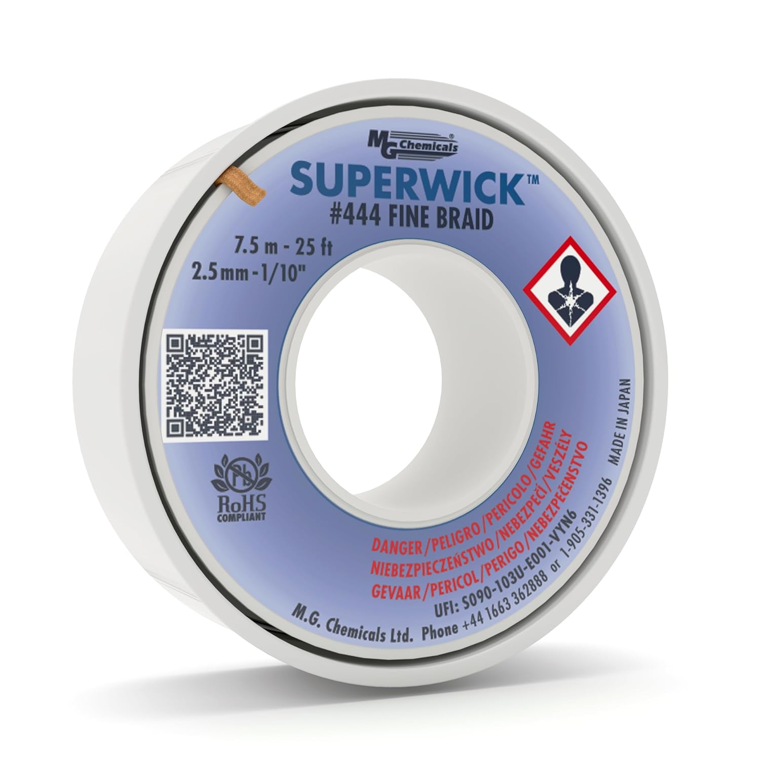 MG Chemicals - 444 Desoldering Braid #4 Fine Braid Super Wick with RMA Flux, 25' Length x 0.1" Width, Blue