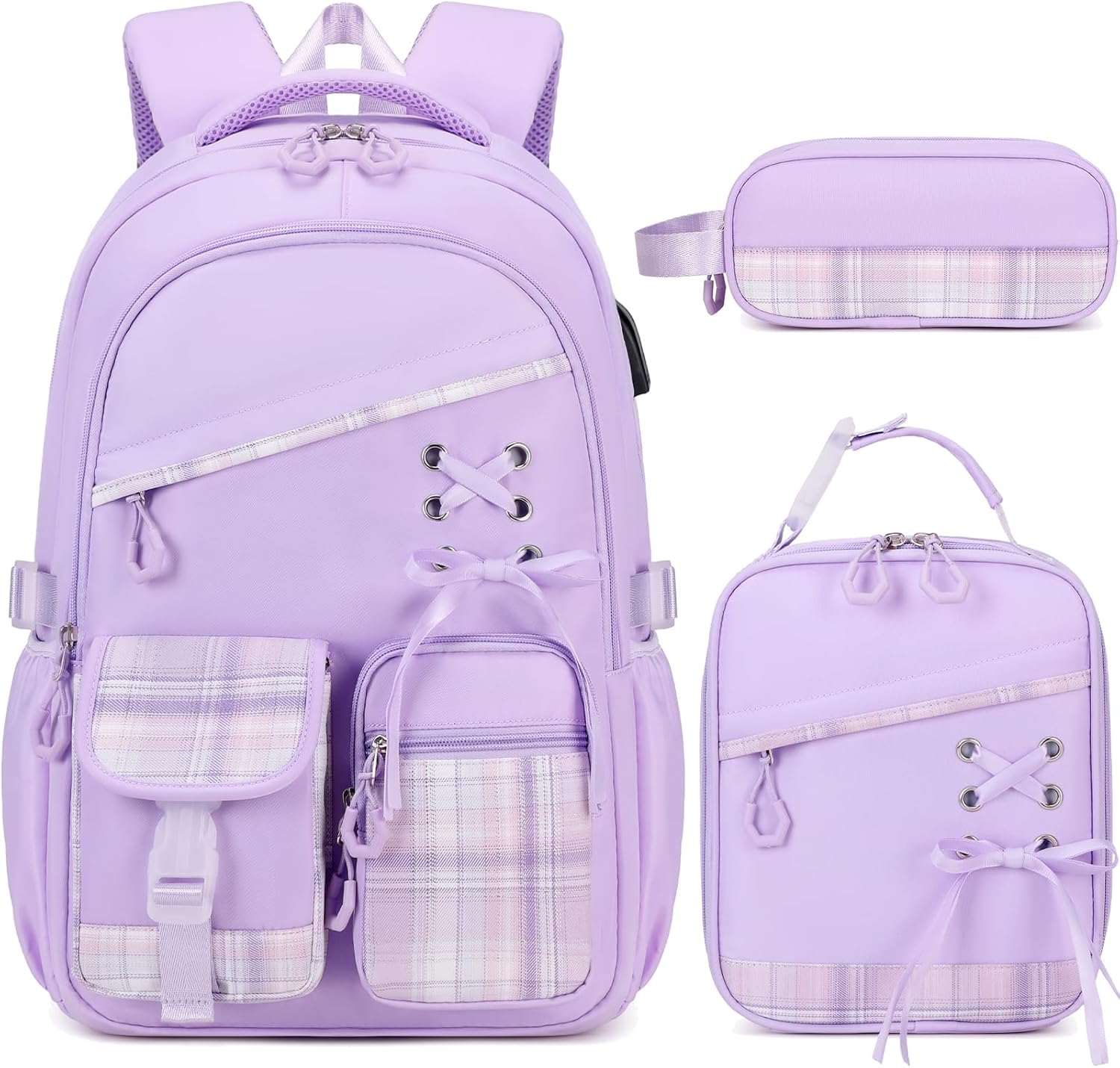 Backpacks for Girls - 3PCS Girls Backpack with Lunch Box & Pencil Pouch Plaid School Backpacks for Elementary Middle High College School Bookbag for Teen Girl Kids Students Purple
