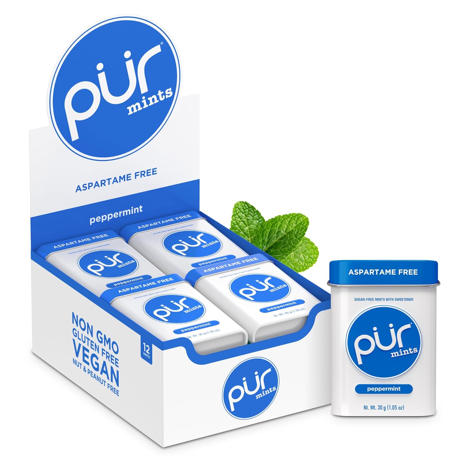 PUR Mints | Aspartame Free Mints | Made with Xylitol | Sugar Free, Vegan, Gluten Free & Keto Friendly | Natural Peppermint Flavored Mints, 30 Pieces (Pack of 12)