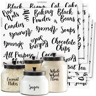 Talented Kitchen 135 Pantry Labels for Food Containers, Clear Preprinted Pantry Labels for Organizing Storage Canisters & Jars, Black Cursive Numbers Stickers (Water Resistant)