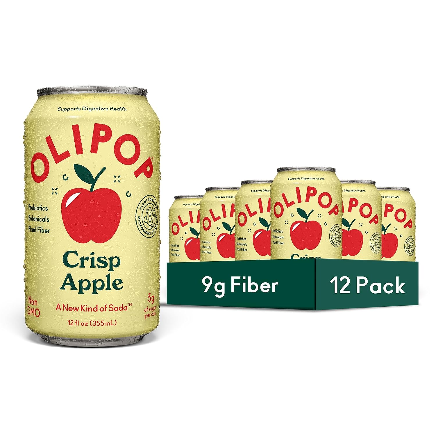 OLIPOP 9g Fiber Prebiotic Soda, Crisp Apple, 12 fl oz, 12 Pack