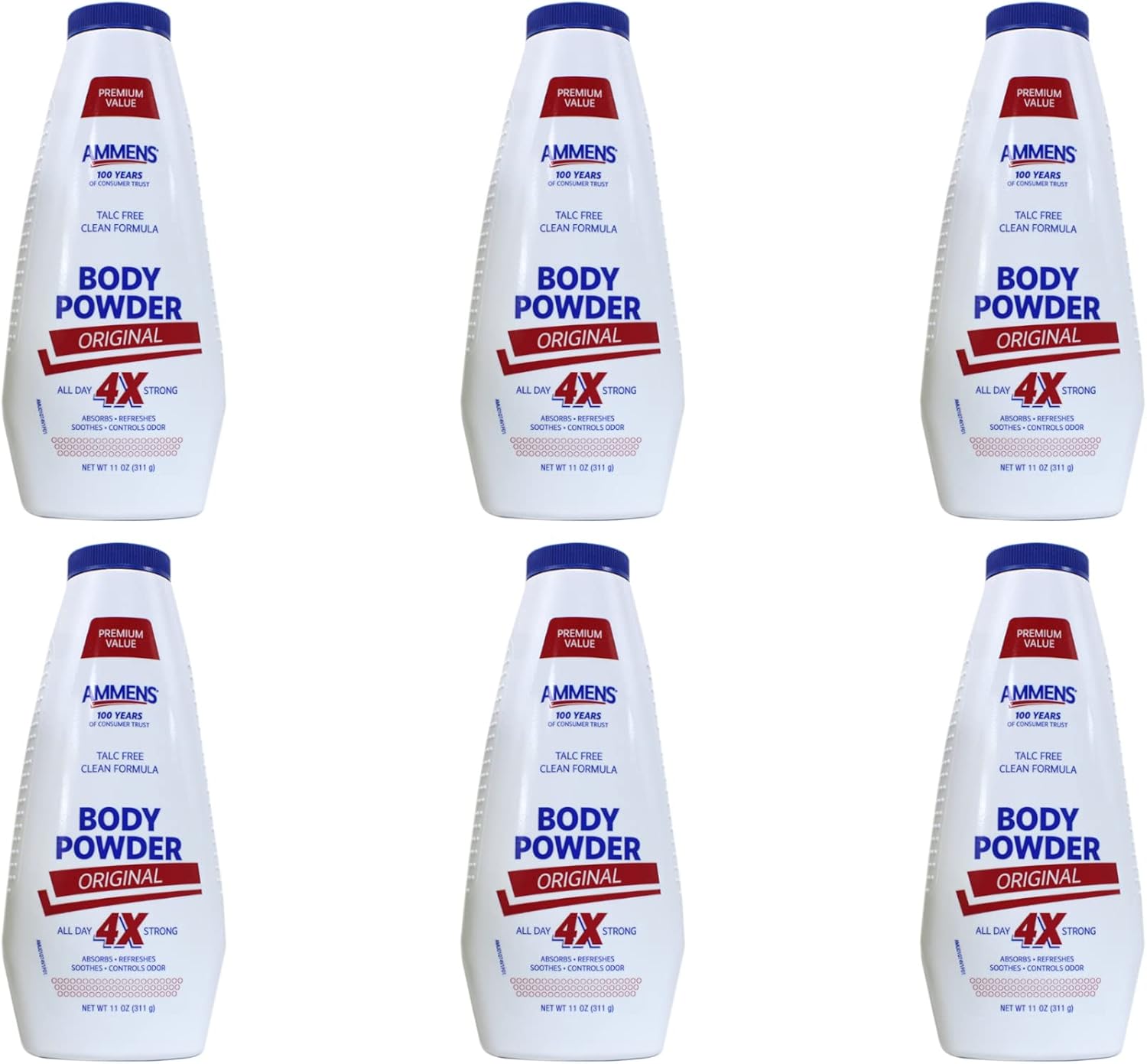 Ammens Body Powder Original – Talc-Free Clean Formula, All-Day 4X Strong Protection, 11 oz (Pack of 6)