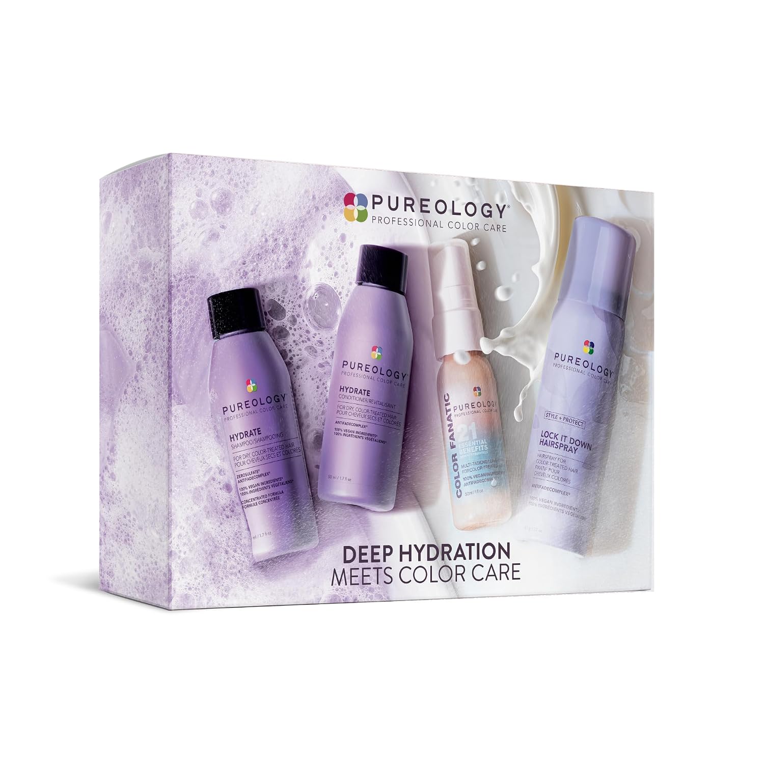 Pureology Hair Hydration Discovery Kit - Shampoo, Conditioner, Color-Fanatic Leave-In Treatment & Hairspray, Deeply Moisturizes, Instant Softness & Shine, For Dry and Color Treated Hair, Travel Size