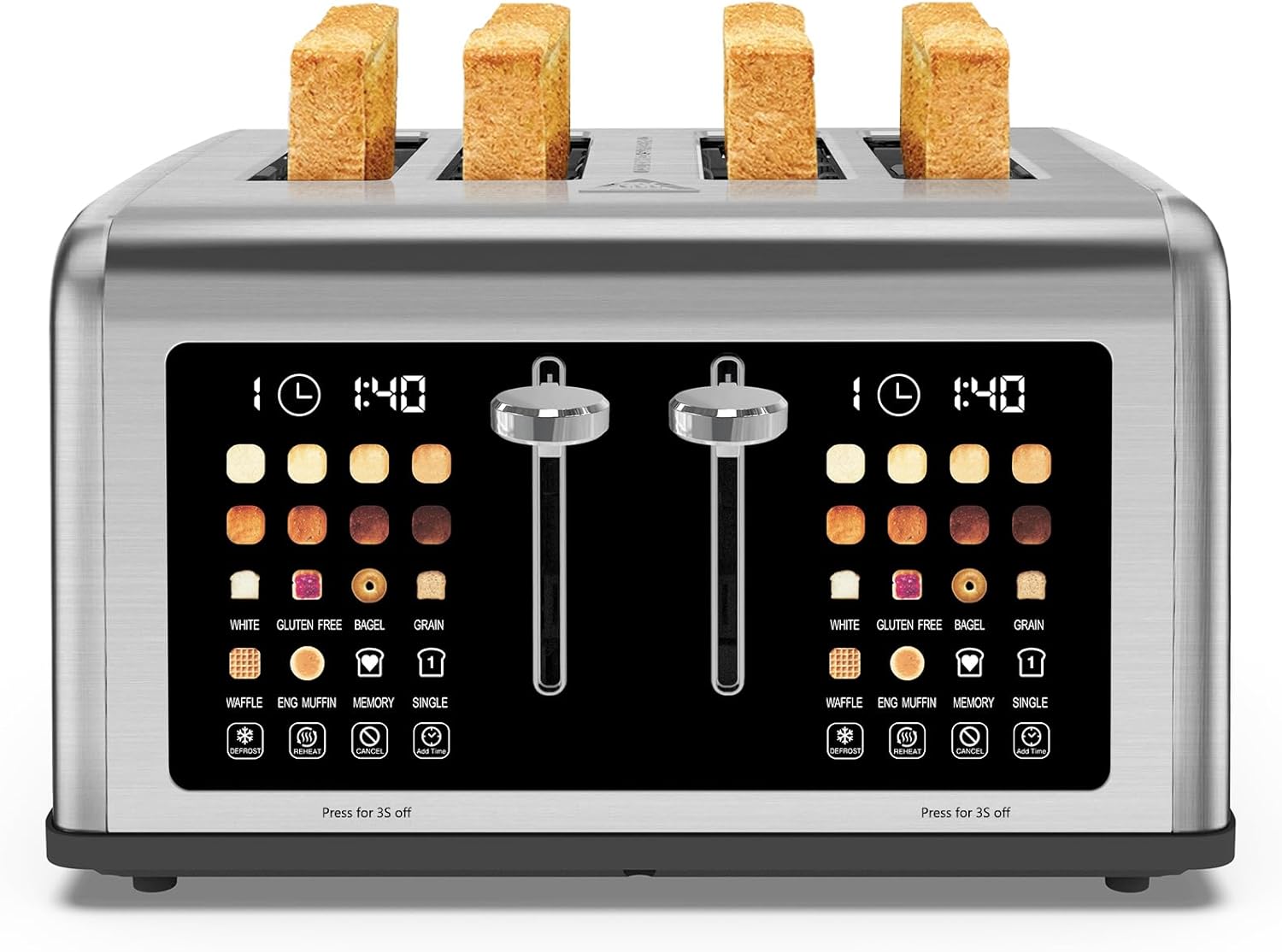 4 Slice Toaster Touch Screen, Stainless Steel Toasters Digital Timer, Dual Control Panel Toasters, 8 Shade Settings 6 Bread Types for Bagel, Cancel, Defrost 1650W