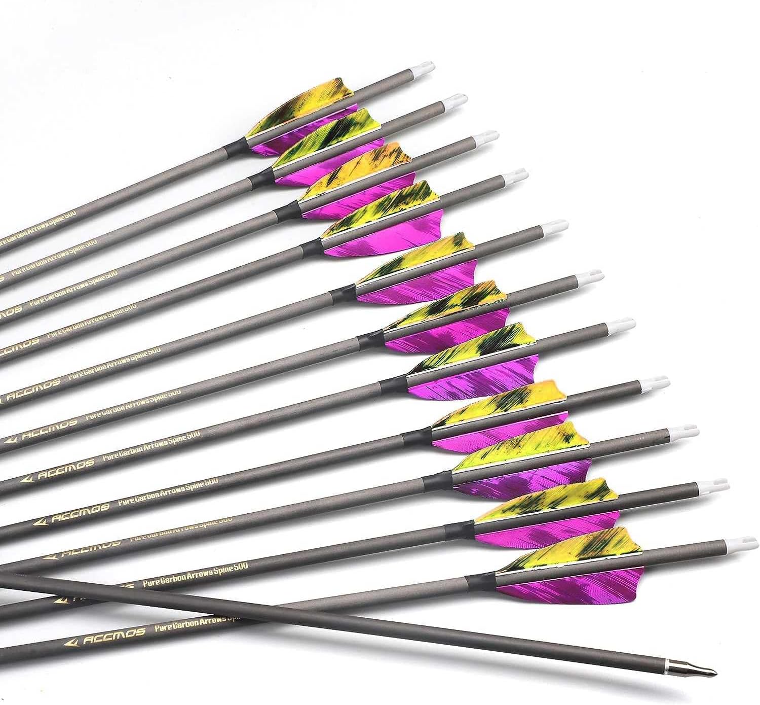 6/12pc Custom Length Feathered Carbon Arrows 300/350/400/500/600/700/800 Spine Removable Tips 3" Turkey Feather Targeting Hunting Arrow for Traditional Bow Long-Bow Recurve Bow Compound Bow Archery A5