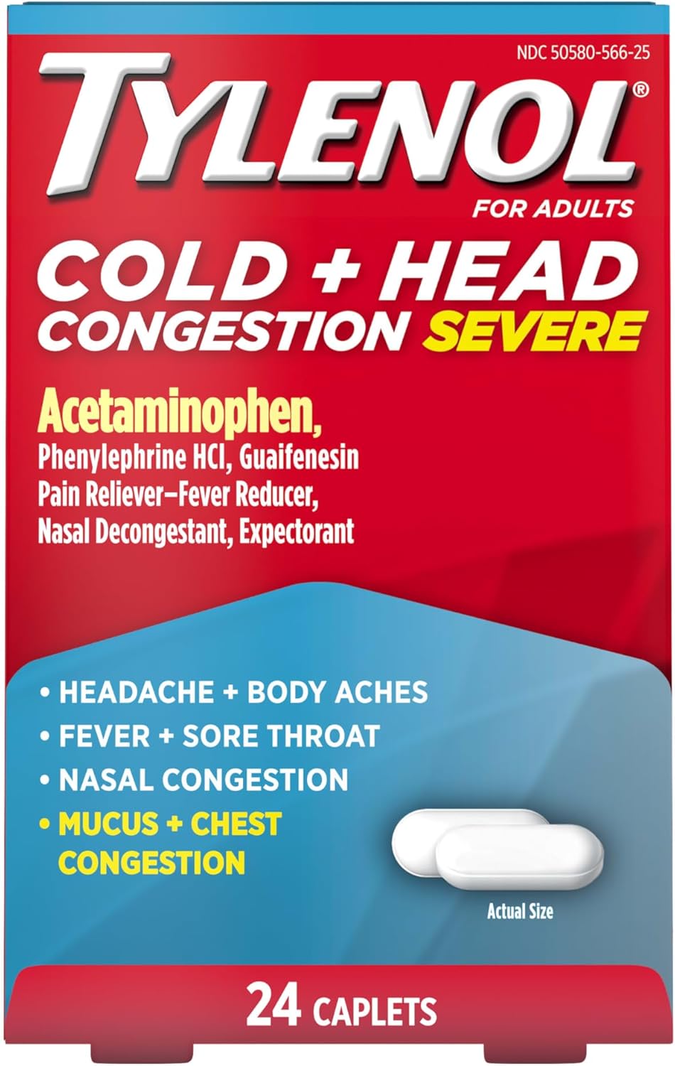 Tylenol Cold + Head Congestion Severe Medicine Caplets for Fever, Pain, and Congestion, Acetaminophen Pain Reliever, Fever Reducer, 24 Count