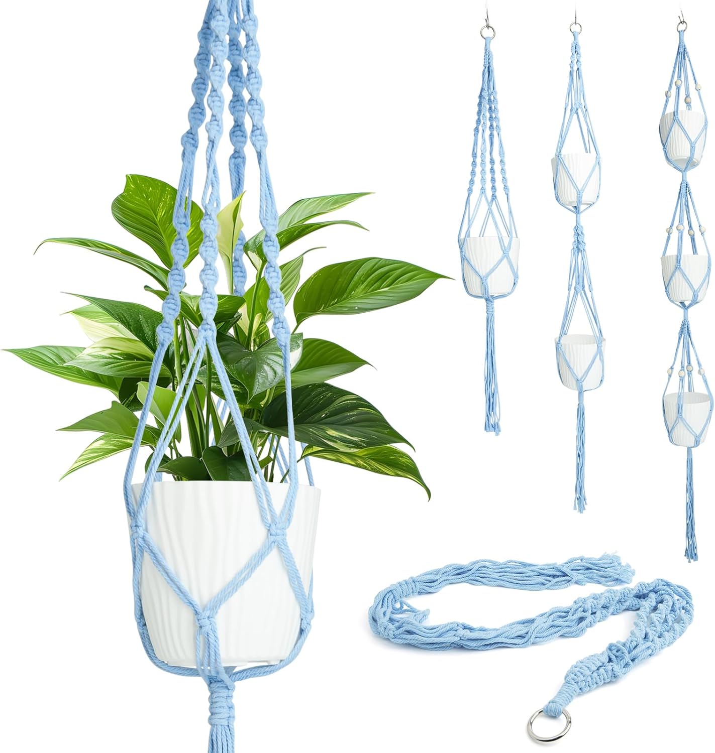 XXXFLOWER 3 Pack Macrame Plant Hanger Hanging Plant Pots Indoor Hanging Baskets Cotton Rope Hanging Flower Pots Plant Holder with Beads Boho Balcony Home Ceilings Decor Blue