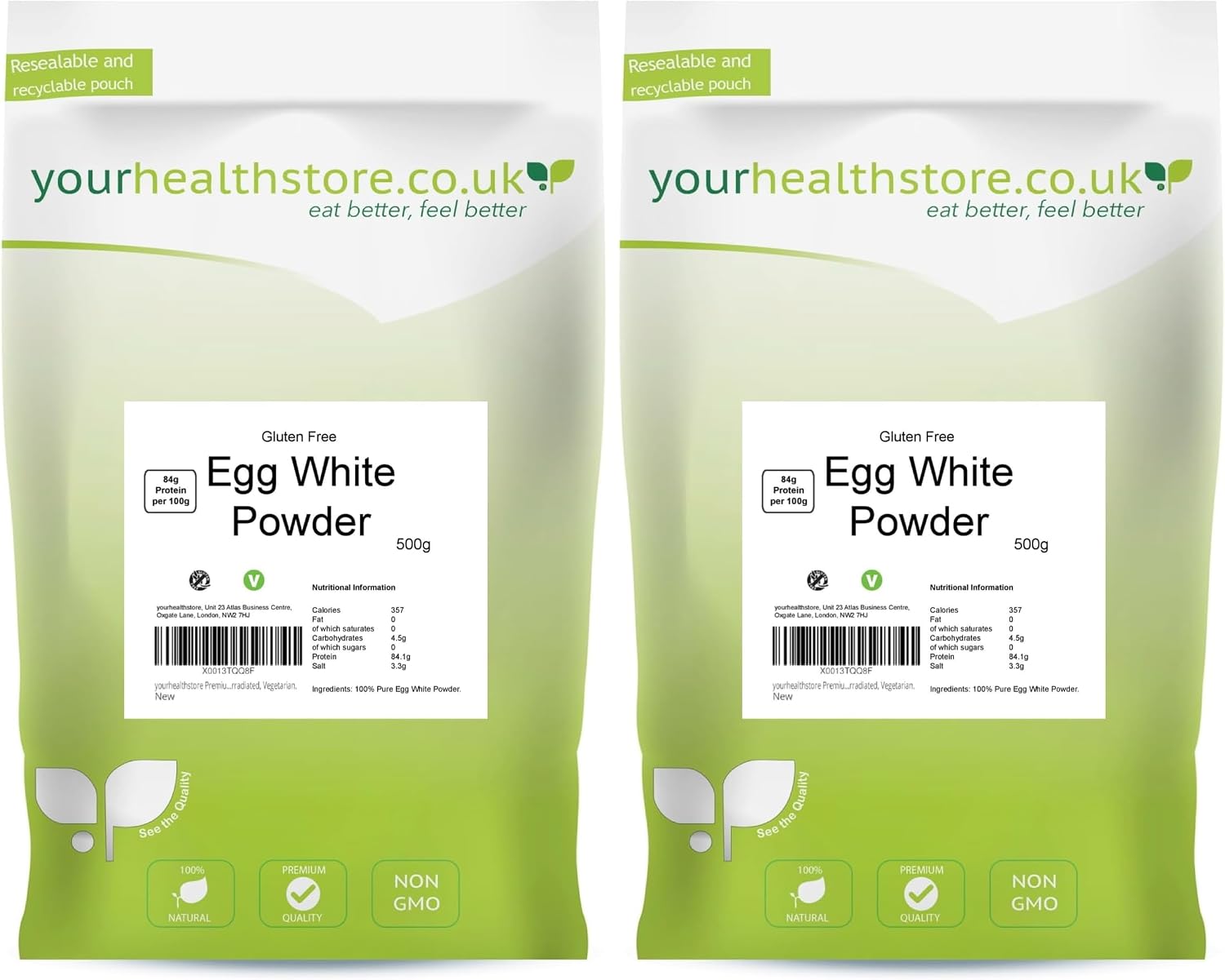 Egg White Powder 500g by yourhealthstore, Free Range, 84% Protein, No Additives, 100% Pure. (Pack of 2)