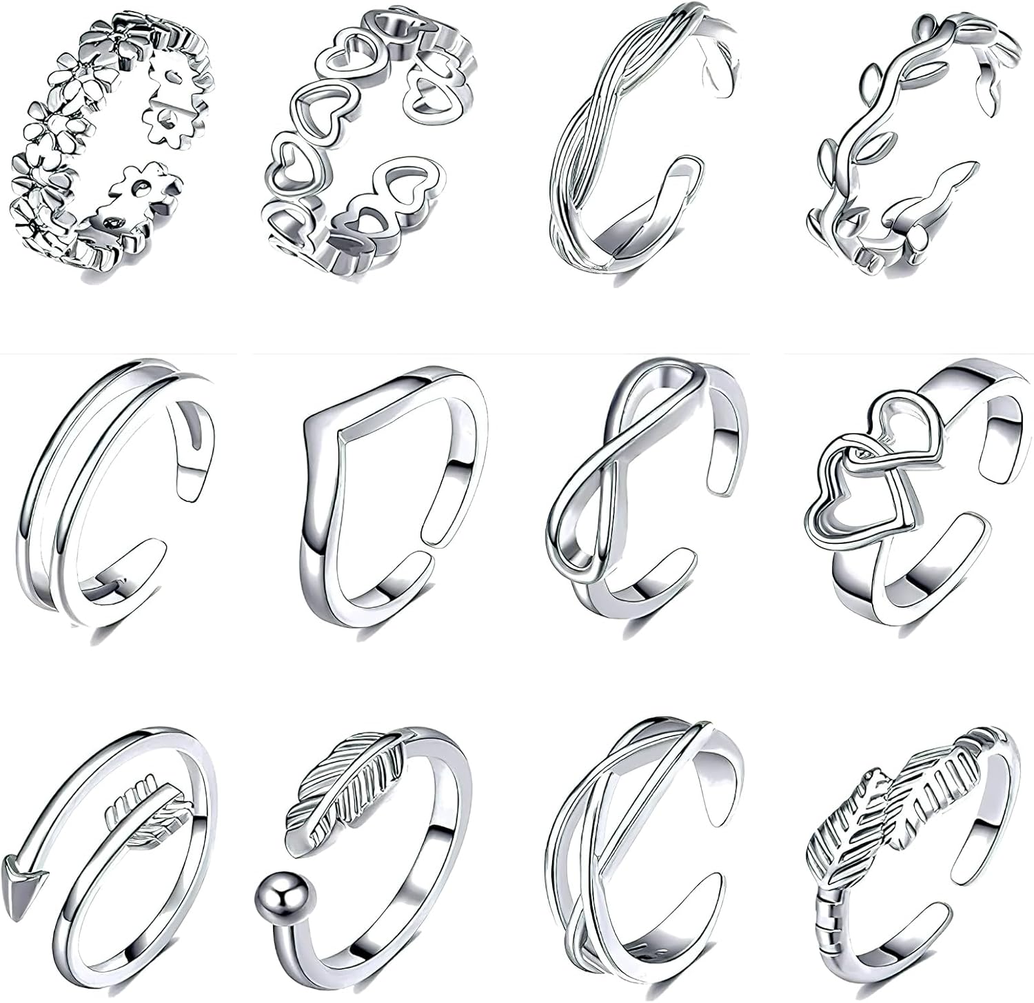 12 Pcs Adjustable Open Rings Set for Women Birthday Back to School Gifts Stackable Open Finger Joint Thumb Ring Heart Flower Arrow Silver Toe Ring Jewelry Friendship Gifts for Mom Ladies Girls