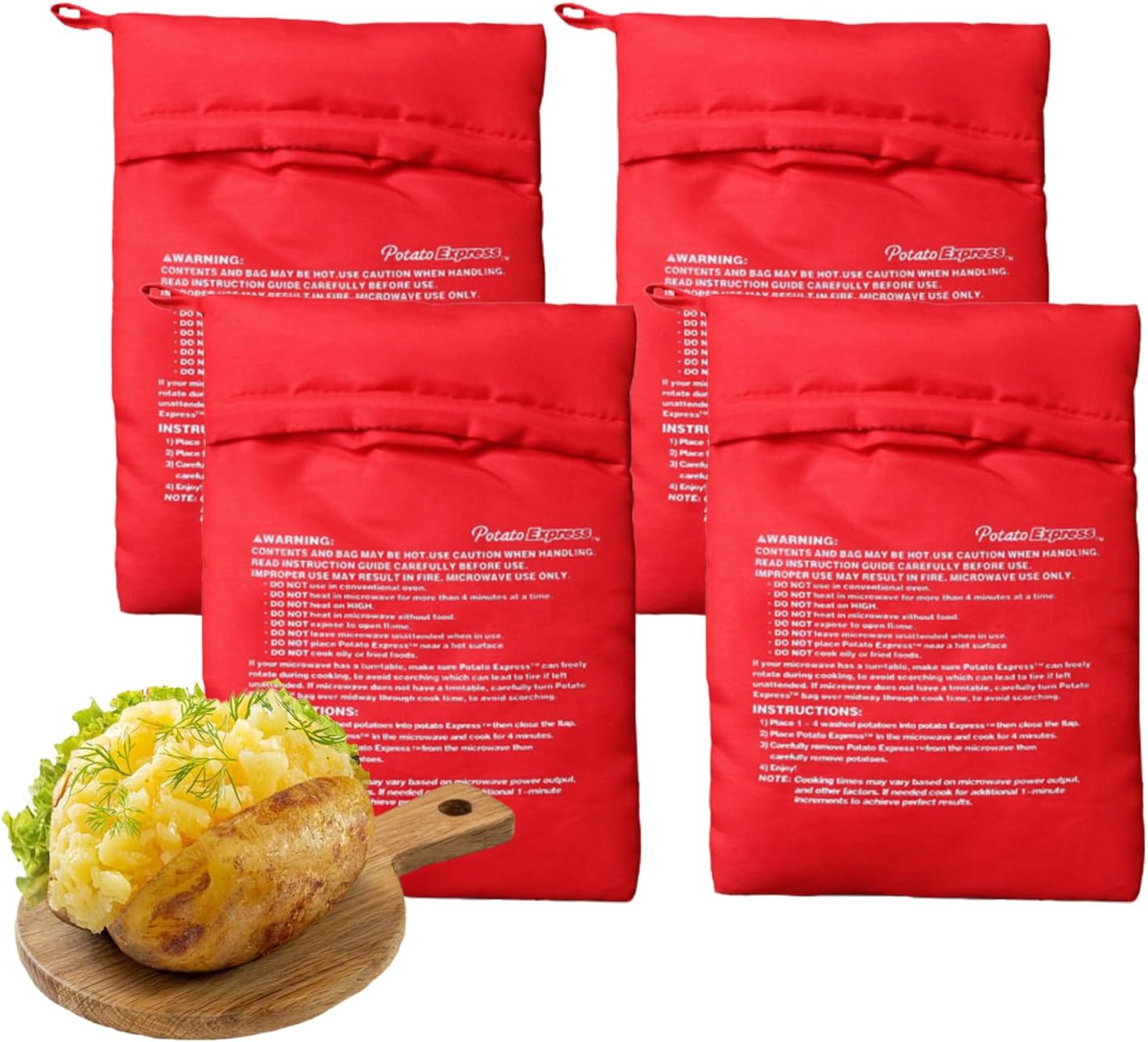 4-Pack Baked Potato Microwave Bag - Reusable Pouch and Potato Cooker for Perfect Potatoes in 4 Minutes - Quick & Easy Kitchen Gadget