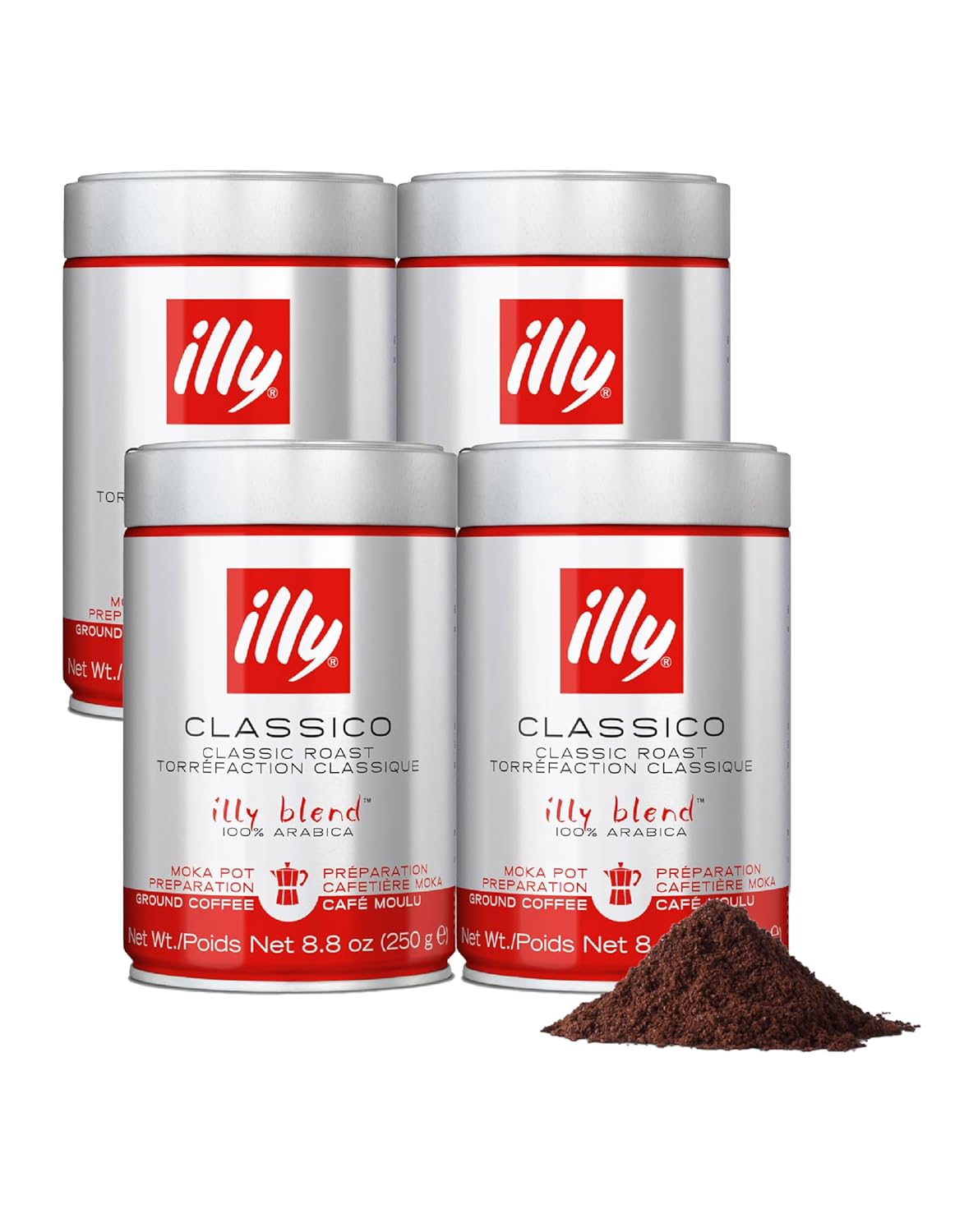 Illy Ground Moka Coffee - Classico Medium Roast - Mild & Balanced - 100% Arabica - Pre-Ground for Moka Pot - Pressurized Packaging Sealed for Freshness - 8.8oz - (Pack of 4)
