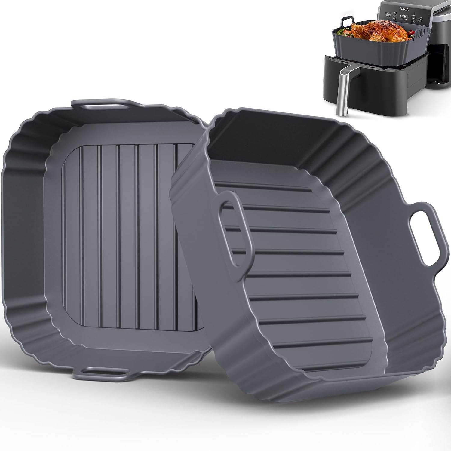 Square Silicone Air Fryer Liners 2 Pack, Compatible with Ninja AF141 181, 8.5 Inch Air Fryer Liners for COSORI 5-6.5 QT, Reusable Silicone Basket, Air Fryer Accessories