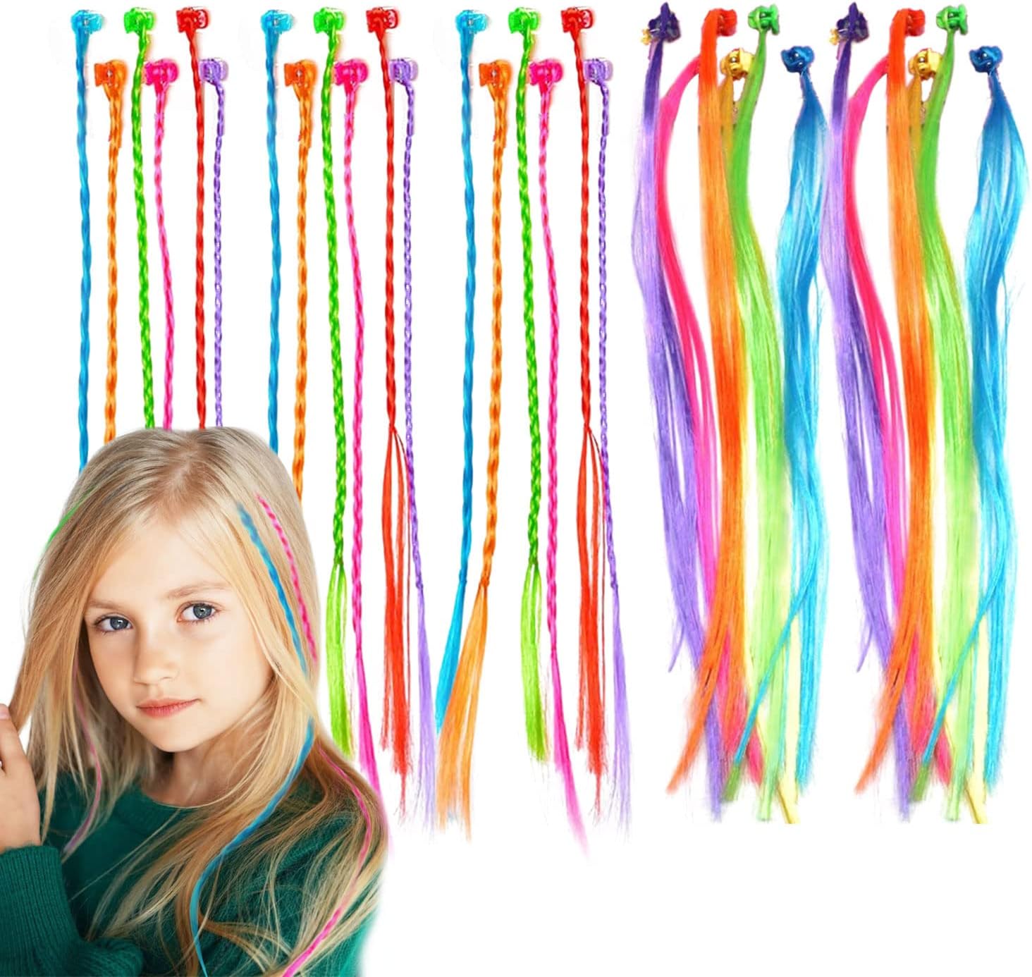 VIKSAUN 30 Pcs Kids Hair Extensions with Hair Clips, Girls' Fashion Bobby Pin Rainbow Wig, Braids Extensions Hair,Braided hair Styling Accessories, for Party Favors and Children Performance (30 Pcs)