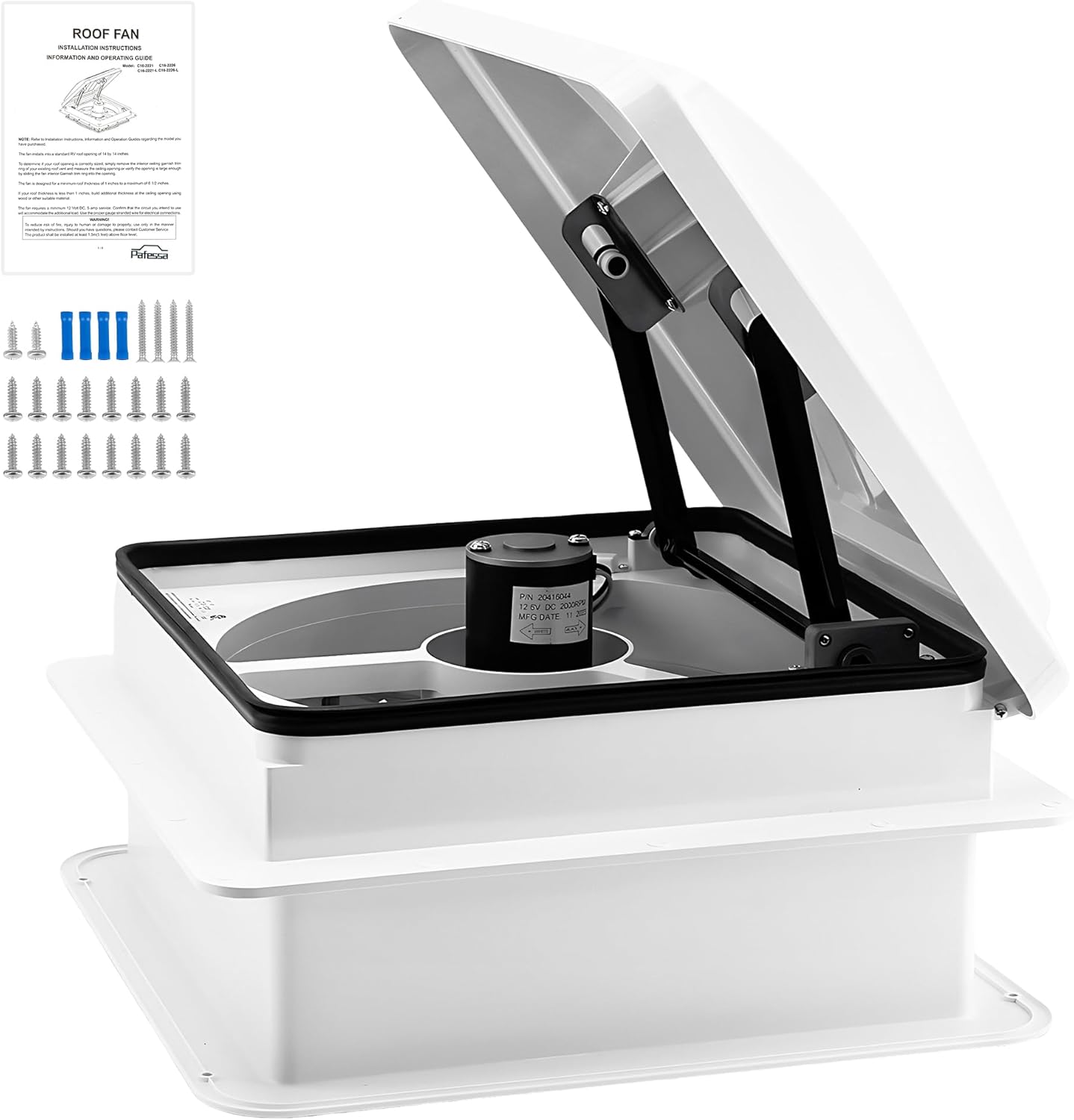 14” RV Roof Vent Fan 4 Speed Reversible - 12V Bathroom Ventilation Fan - Deluxe RV Electric Open Trailer Roof Vent, Touch On-Off, Speed Controls, Manual White Dome
