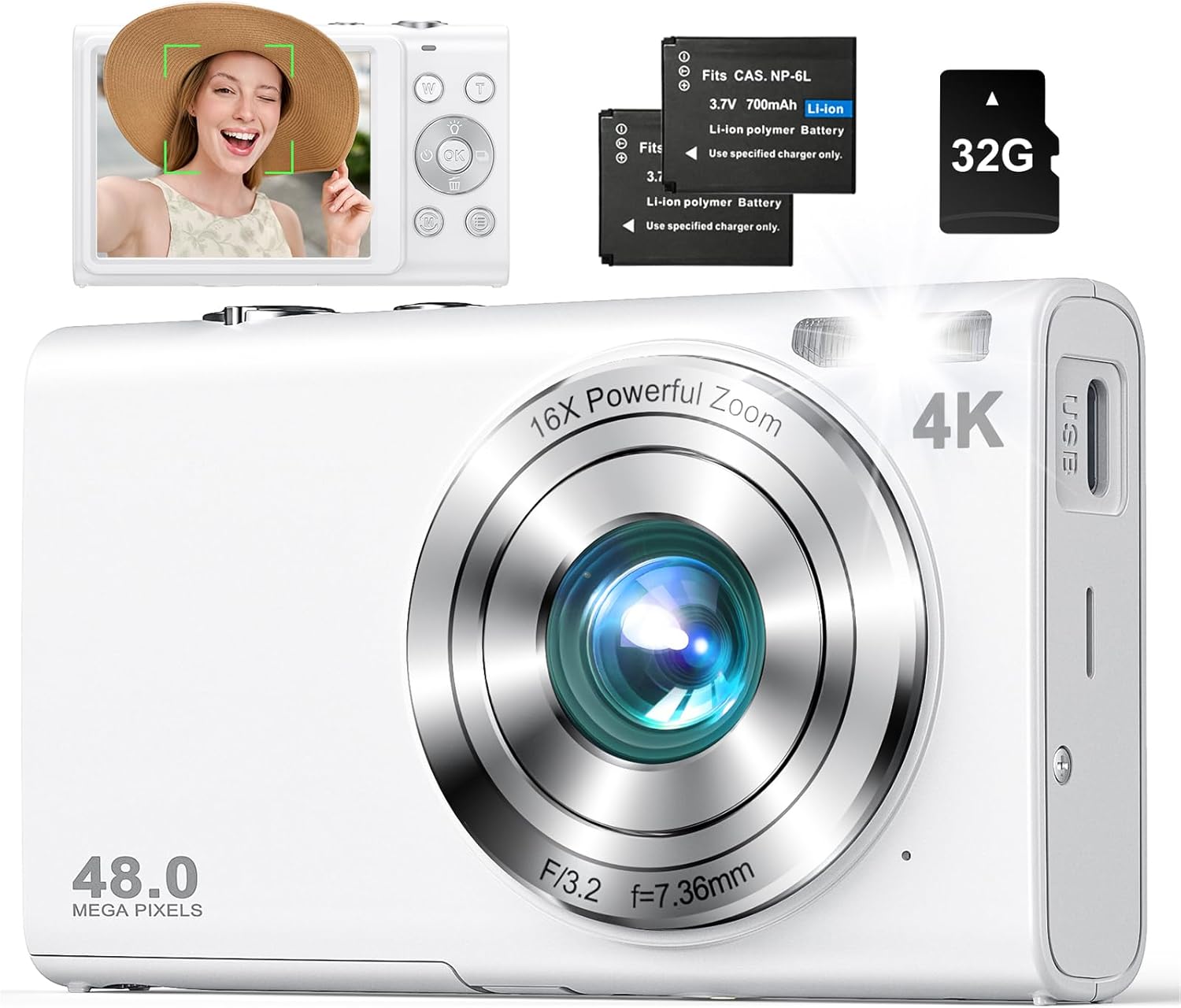 Digital Camera, 4K UHD Autofocus Vlogging Camera for YouTube 48MP Camera for Photography with 32GB Card 2.8" Screen 16X Zoom Anti-Shake, Compact Point and Shoot Camera for Teens Adult Beginner(White)