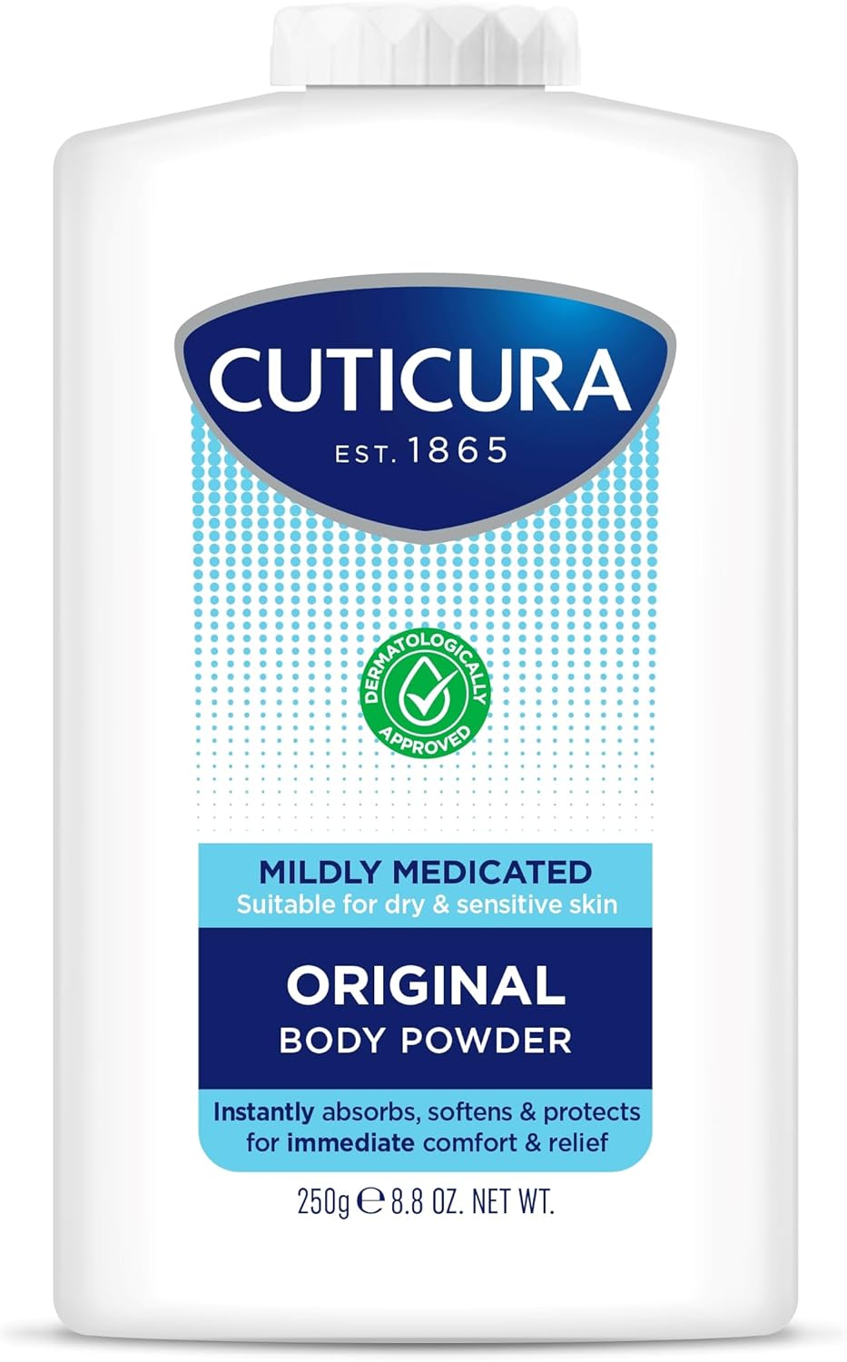 CUTICURA Mildly Medicated Body Powder 250 g, Many Uses Personal Hygiene, Sweat Control, Chafing and Friction Prevention, Itching Relief