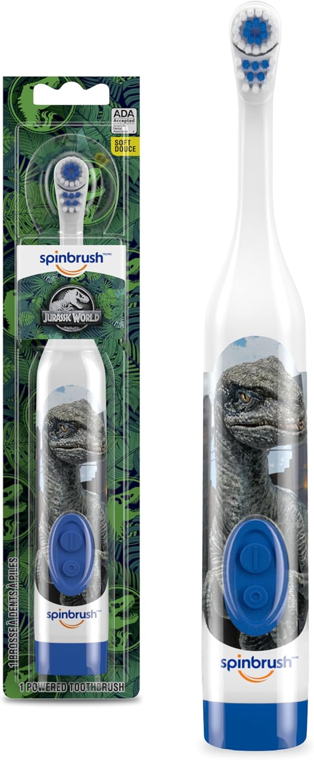 Spinbrush Jurassic World Battery Powered Electric Toothbrush for Children Ages 3+ with 1 AA Battery, Soft Head Bristles, Leakproof SoftSwitch, Ready-to-Use
