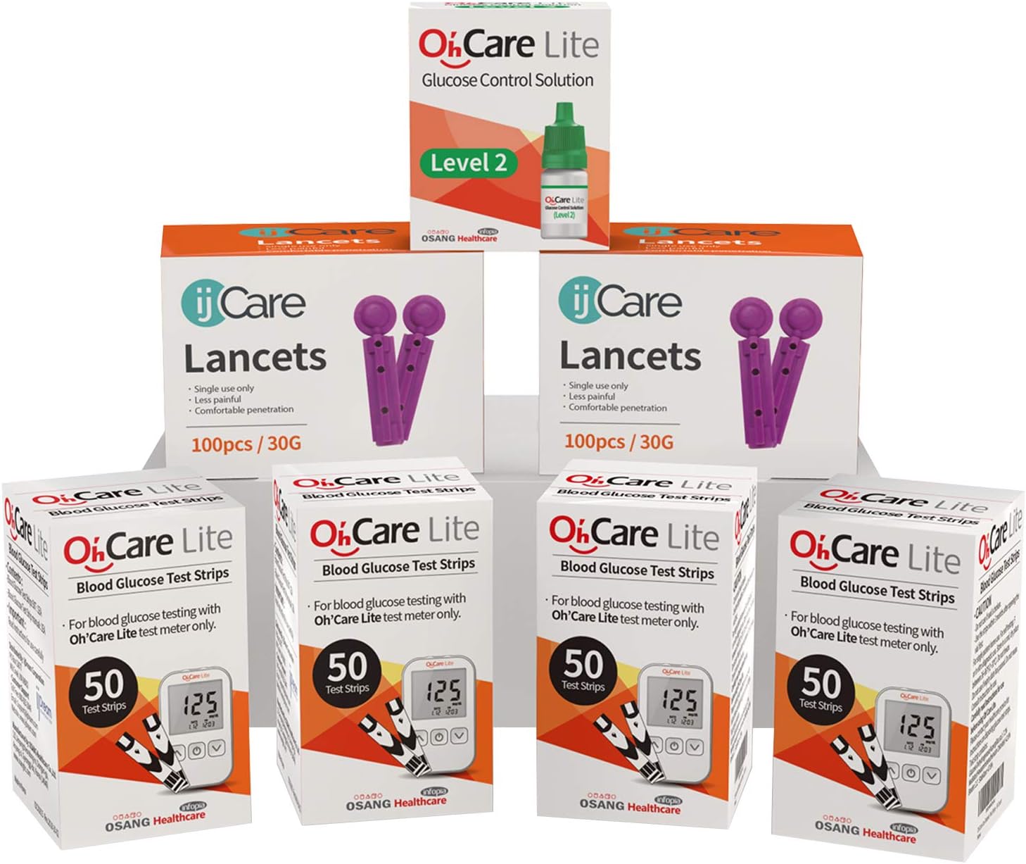 Oh’Care Lite Blood Sugar Testing Monitor – 200 Glucose Test Strips, 200 Lancets, and 1 Control Solution for for Blood Testing – Accurate and Affordable Diabetic Supplies