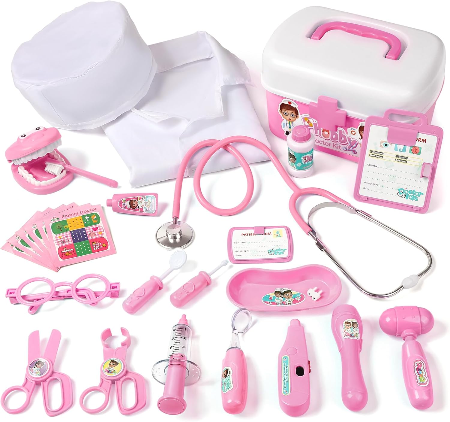 Durable Doctor Kit for Kids, 27 Pcs Deluxe Pretend Play Set Medical Toy with Real Stethoscope for Toddlers Boys Girls Aged 3 4 5 6 7 8(Pink)