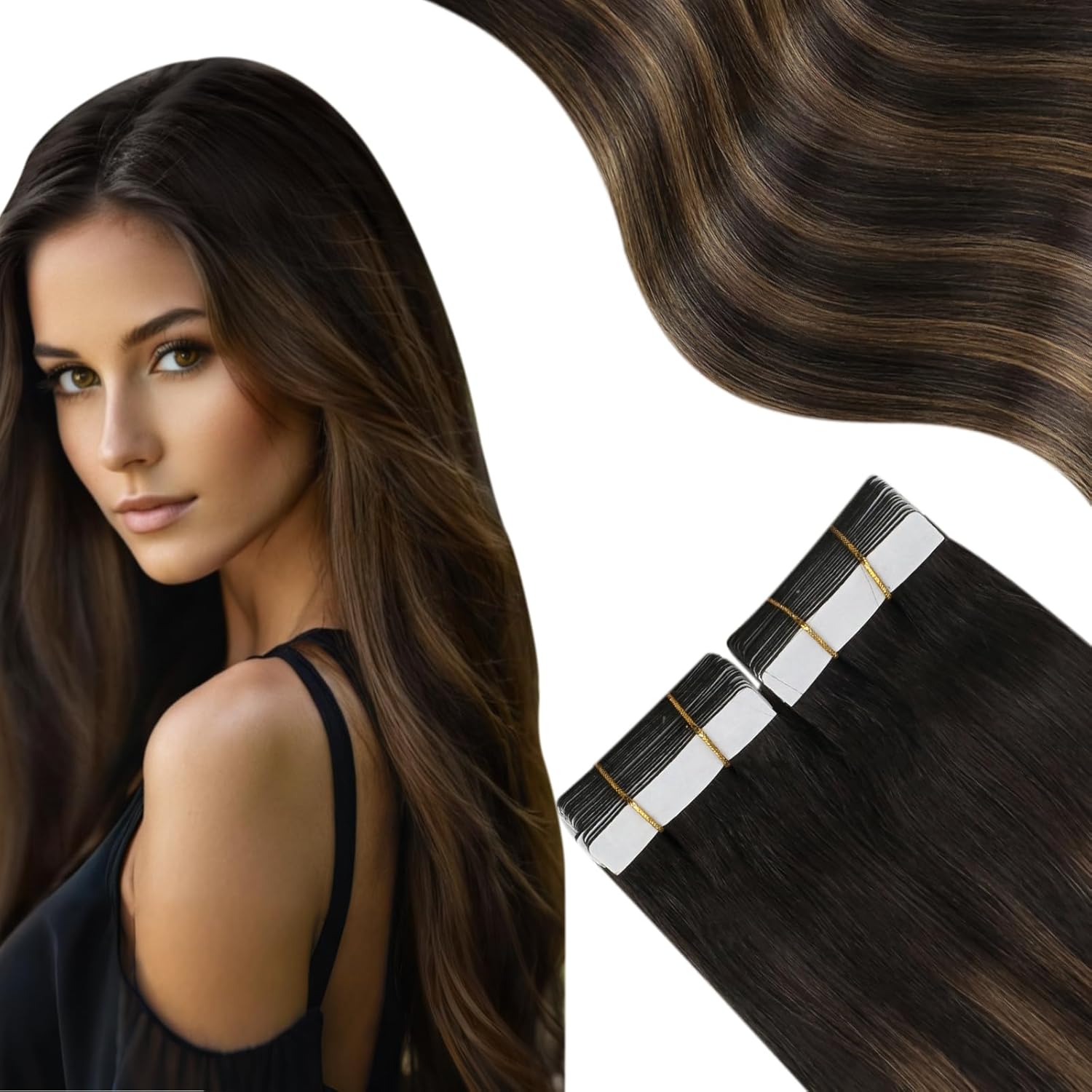 Moresoo Tape in Hair Extensions Human Hair Brown Rooted Tape in Extensions Balayage Darkest Brown Mix with Medium Brown Hair Extensions Glue in Real Human Hair Extensions 18 Inch #2/6/2 20pcs 50g