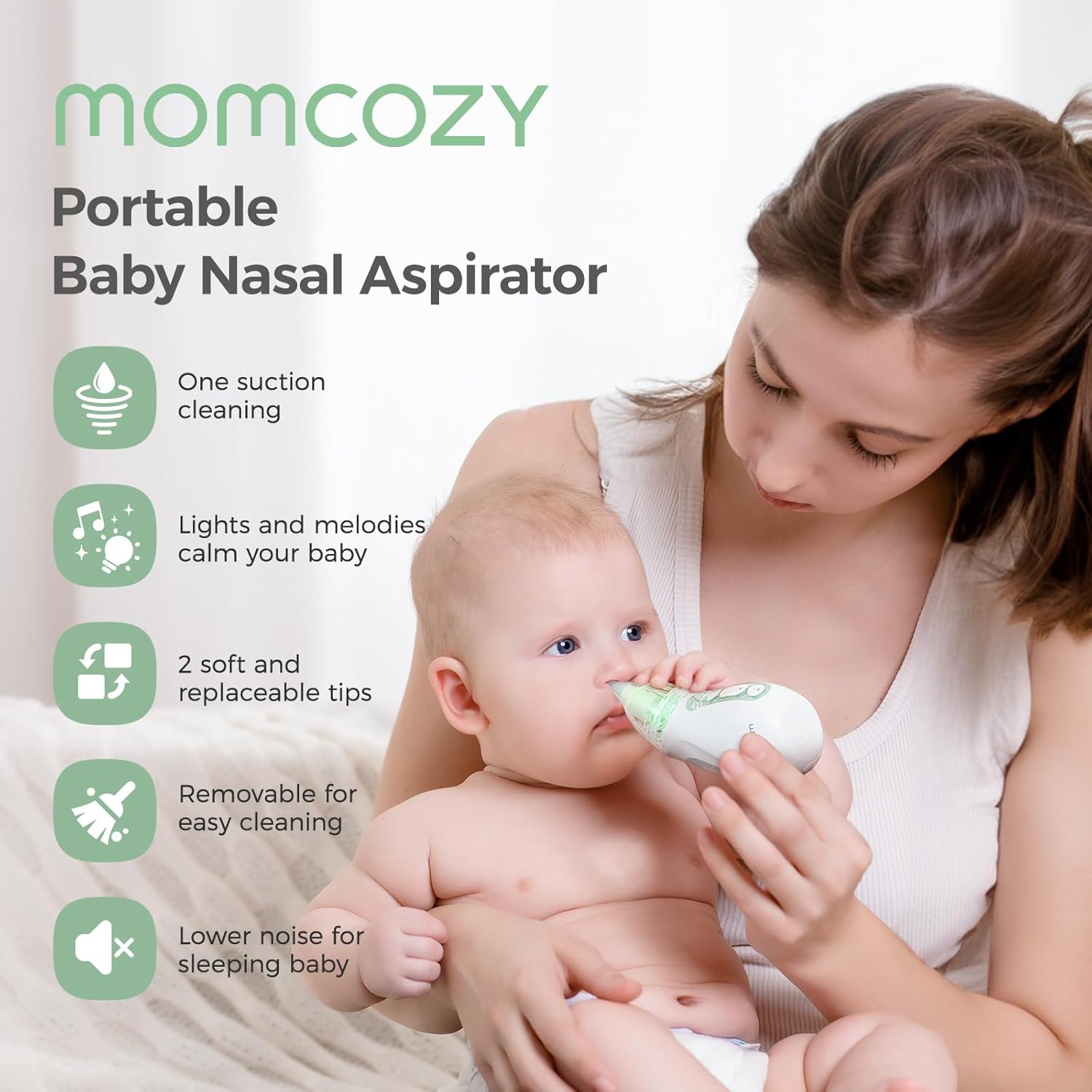Momcozy Baby Nasal Aspirator, 3 Suction Levels Electric Nasal Aspirator for Baby, Newborn and Toddler, Portable Baby Nose Aspirator with Light Soothing and Music, Baby Snot Sucker