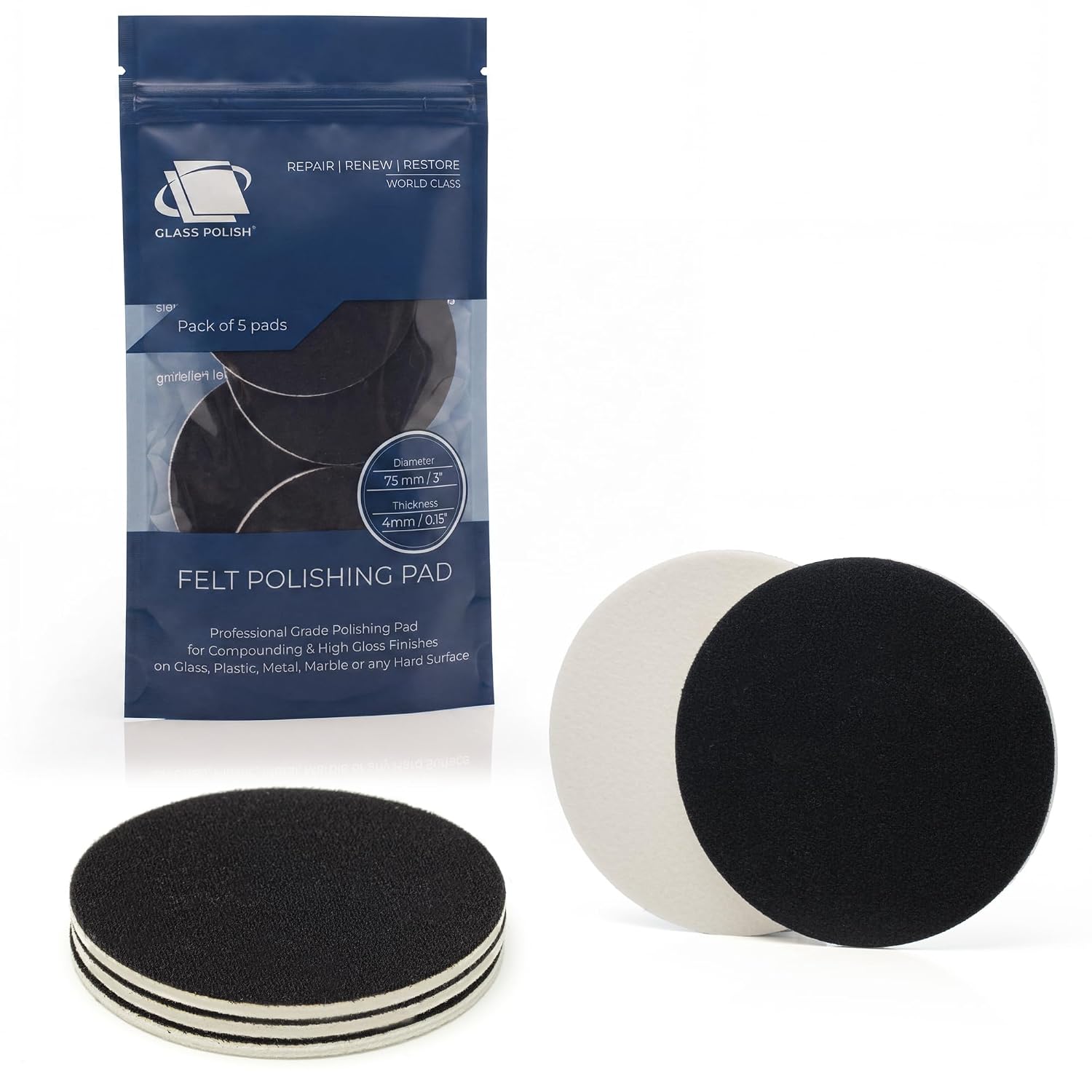 GLASS POLISH PRO Rayon Felt Polishing Pads 3” (75mm) - Pack of 5