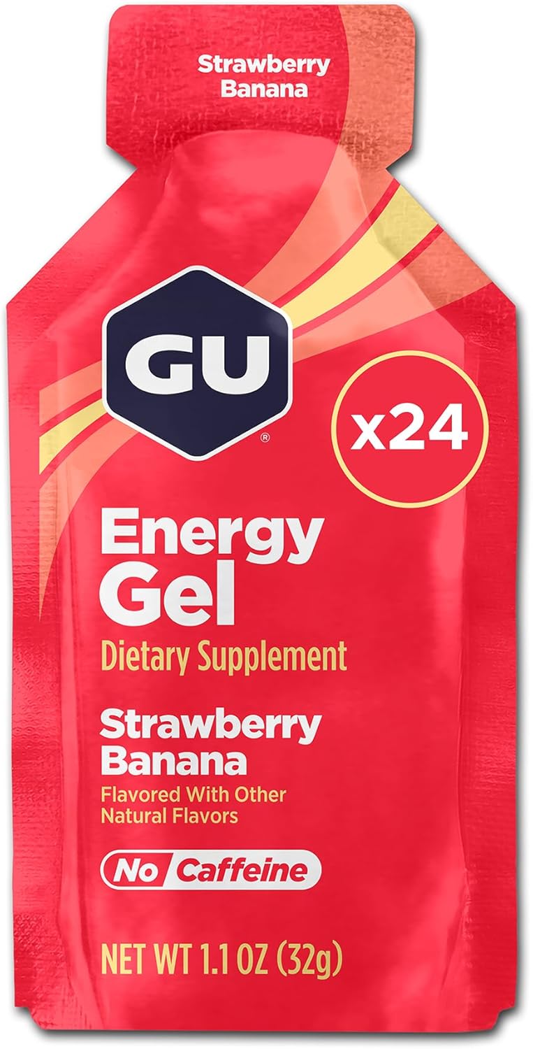 GU Original Energy Gels, Strawberry Banana 24 Pack - 100 Calorie Energy Gel with Carbohydrates, BCAAs and Electrolytes - Pre-Workout Fuel for Running, Cycling, Triathlon and Endurance Sports