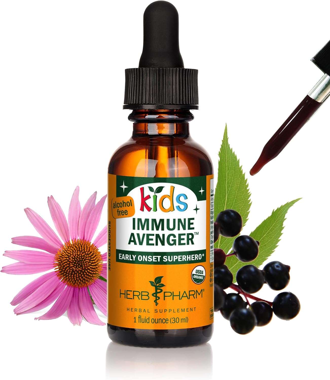 Herb Pharm Kids Organic Immune Avenger with Black Elderberry & Kids Echinacea, Ginger & Cinnamon| Alcohol-Free, Non-Bitter Toddler Immune Support Supplement, Easy Absorption, 1 Oz