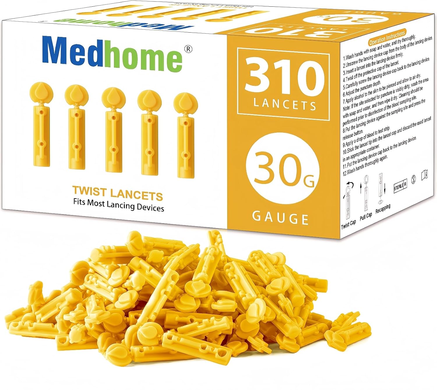 Blood Lancets, Single use, 30 Gauge Twist top Lancets for Diabetes Testing, Fits Most Lancing Devices for Blood Sugar Kit and Glucose Meter - 310 Count per Box - Yellow