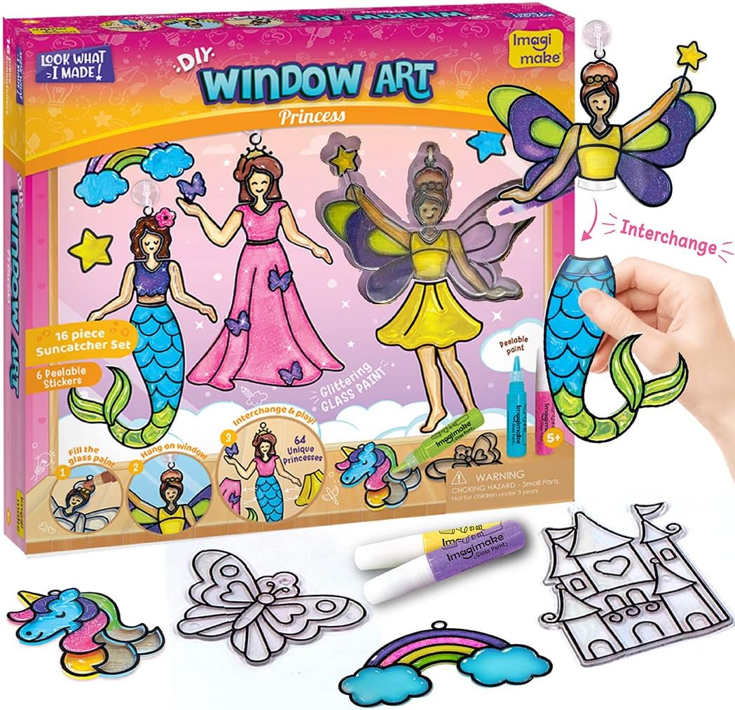Imagimake Window Art Princess | Unicorn & Mermaid Suncatcher Kit | 16-Piece Glass Painting Set | Craft Kits for Kids 5-12 | Girls Birthday Presents | Birthday Gift for 5 Year Old Girls