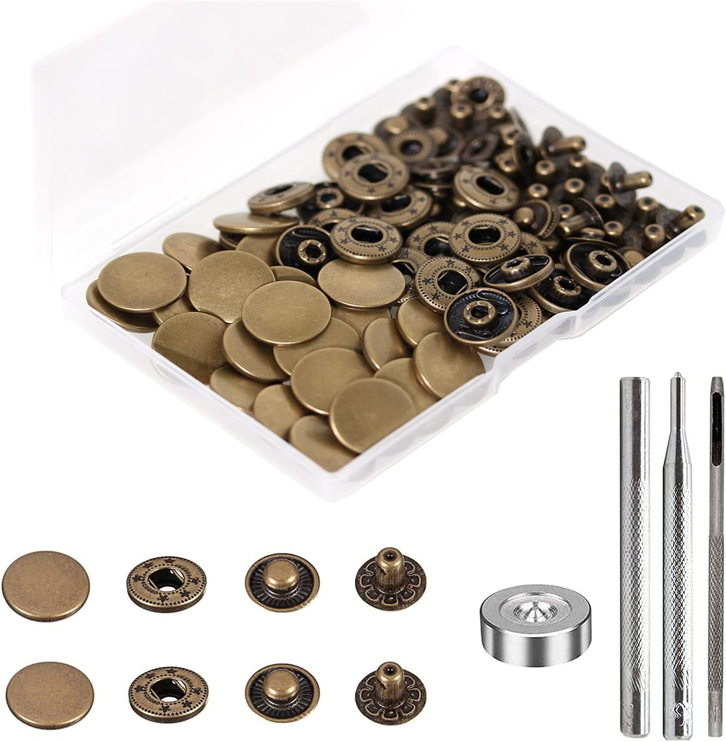 24 Sets Heavy Duty Leather Snap Fasteners Kit, BetterJonny 17mm Metal Snap Buttons Press Studs Leather Rivets Snaps with 4 Setter Tools for Clothes Bracelet Jackets Jeans (Antique Brass)