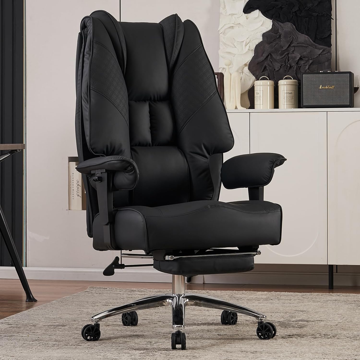 Big and Tall Office Chair 400lbs Wide Seat, Leather High Back Executive with Foot Rest, Ergonomic Lumbar Support for Lower Back Pain Relief (Black)