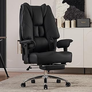 Big and Tall Office Chair 400lbs Wide Seat, Leather High Back Executive with Foot Rest, Ergonomic Lumbar Support for Lower Back Pain Relief (Black)