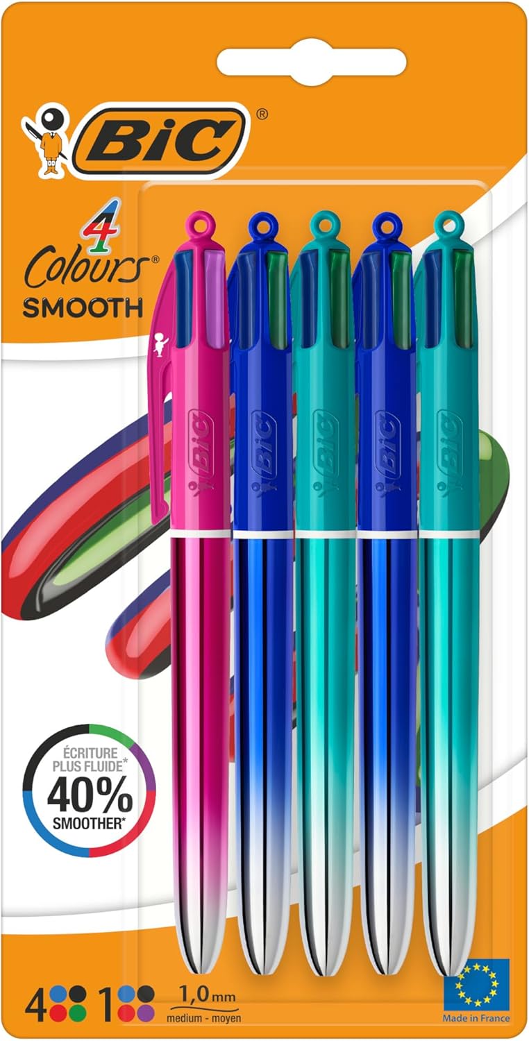 BIC 4 Colours Gradient Smooth Ink Retractable Multicoloured Ball Pen Pack of 5