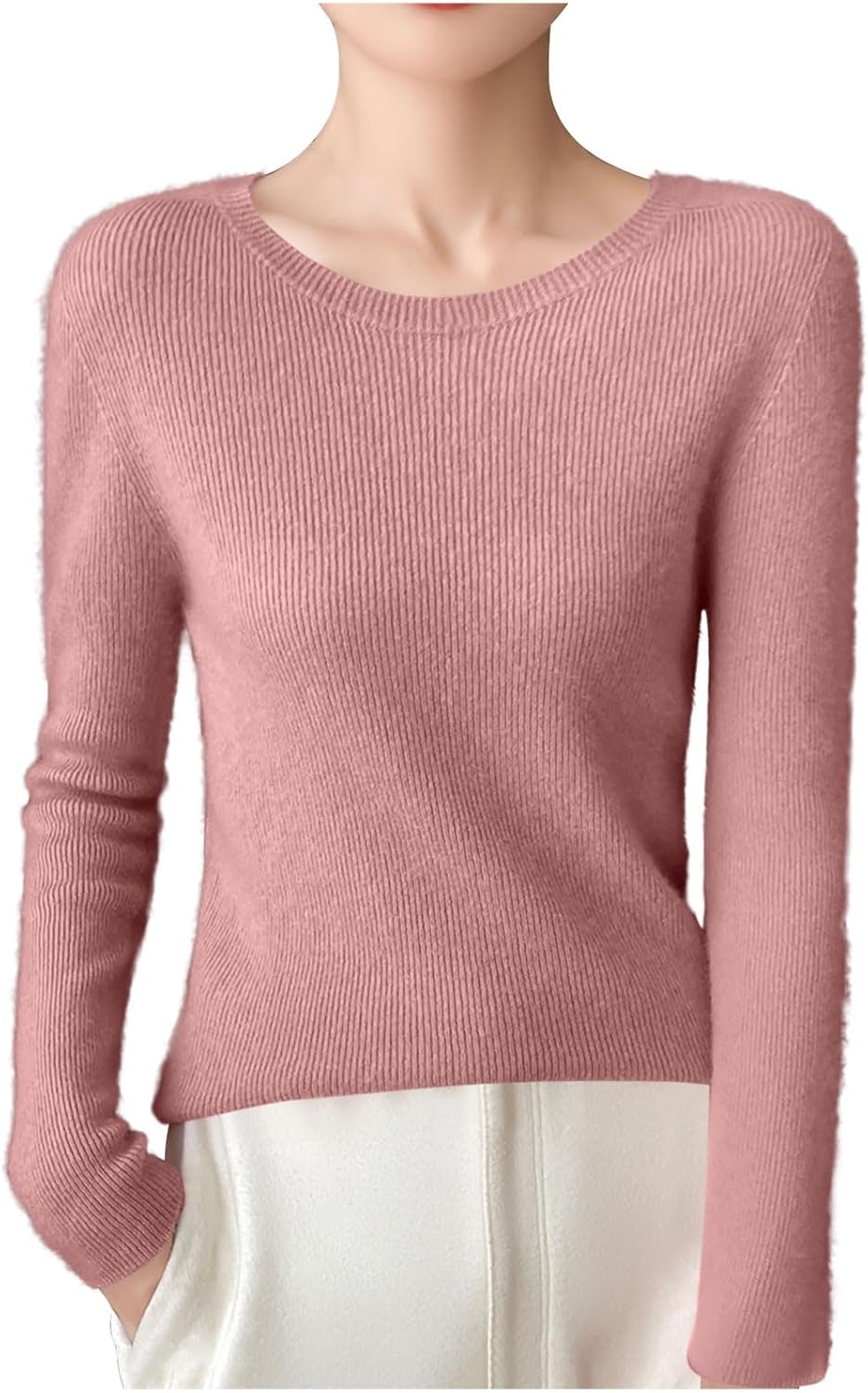 Womens 2024 Fall Fashion Long Sleeve Crewneck Shirts Ribbed Knit Pullover Sweaters Slim Fit Casual Basic Tee Tops