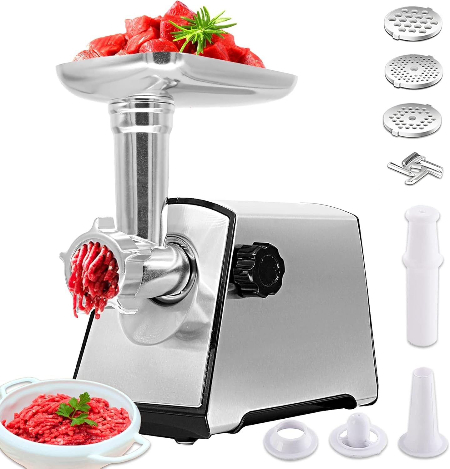 VNIMTI Meat Grinder Electric, 2800W Meat Mincer Machine, Upgraded Sausage Maker Stainless Steel with 3 Cutting Plates, Sausage Stuffer Tube & Kubbe Kit for Home Kitchen Use (Upgrated - Silver)